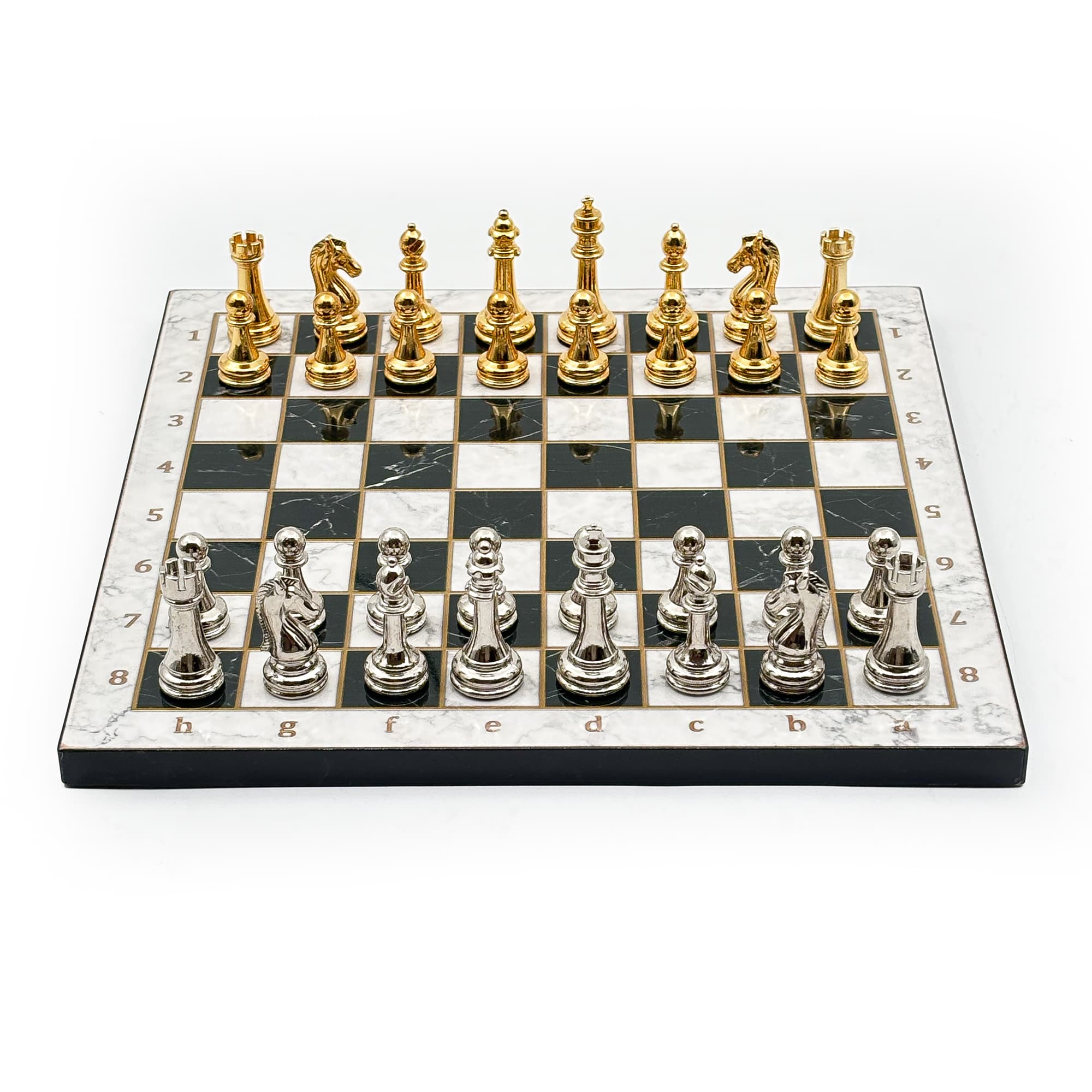 Wooden Chess Set – Metal Stone MERDUZ36S - 25cm - Altın-Gümüş - Görsel 2