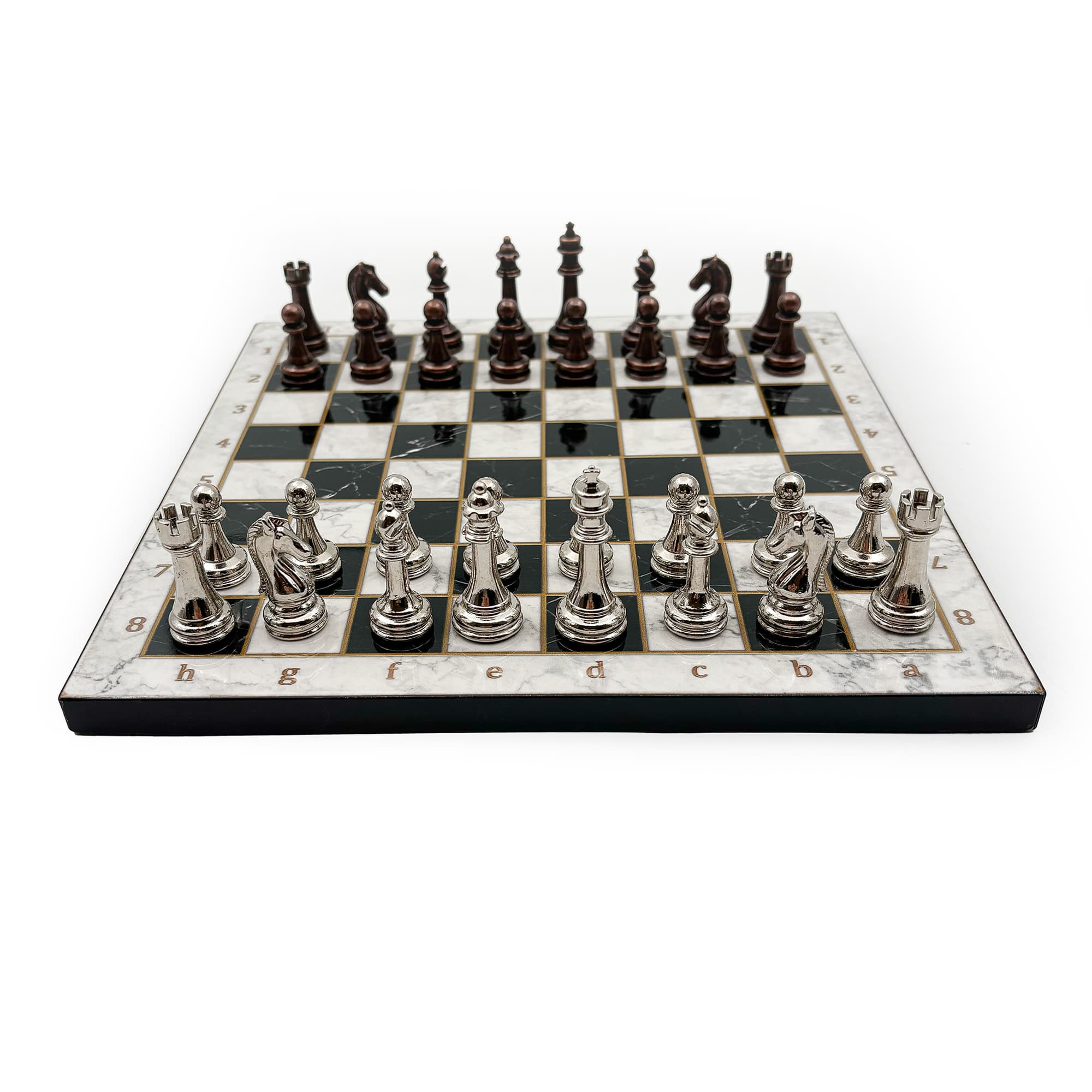 Wooden Chess Set – Metal Stone MERDUZ36S - 25cm - Bakır-Gümüş - Görsel 2