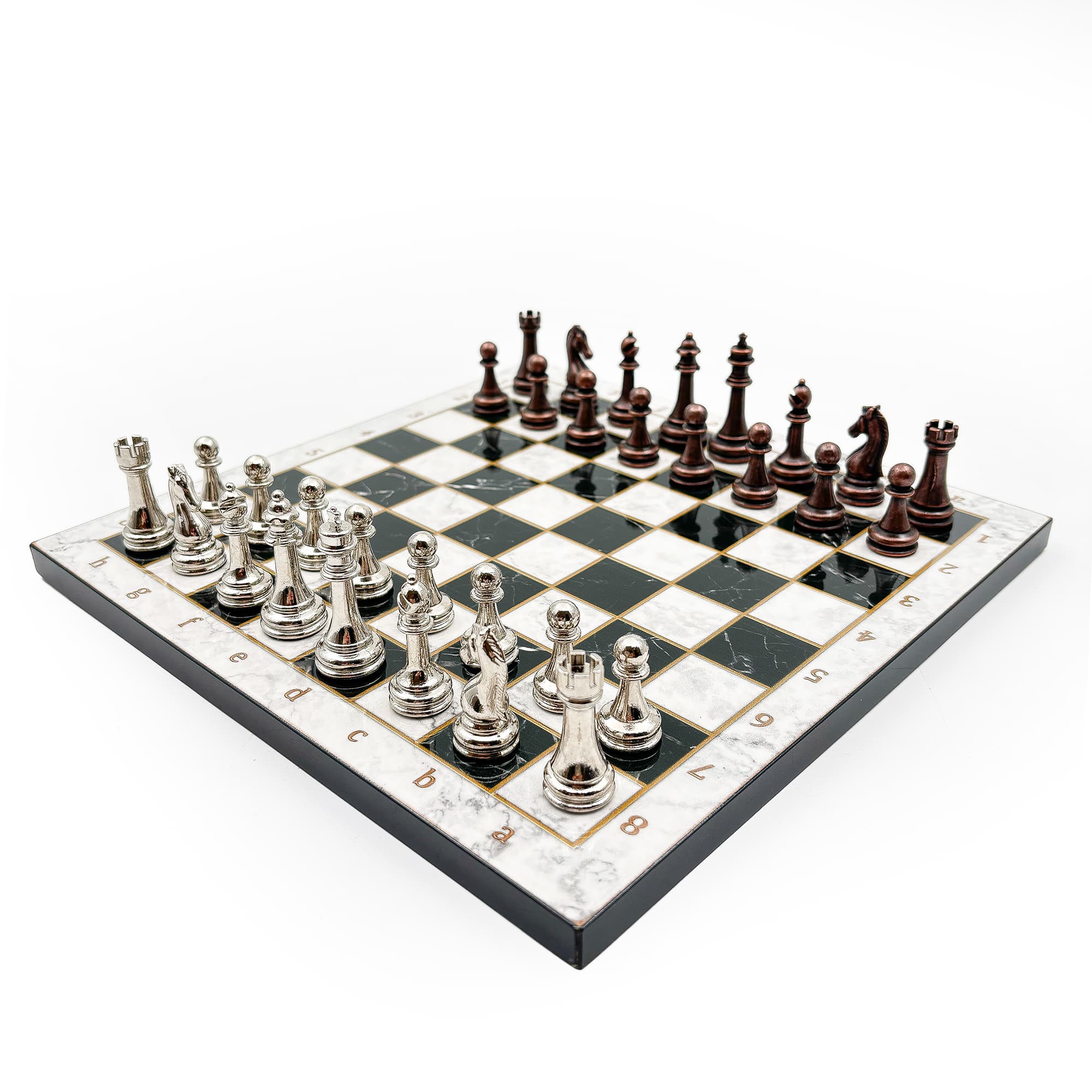 Wooden Chess Set – Metal Stone MERDUZ36S - 25cm - Bakır-Gümüş