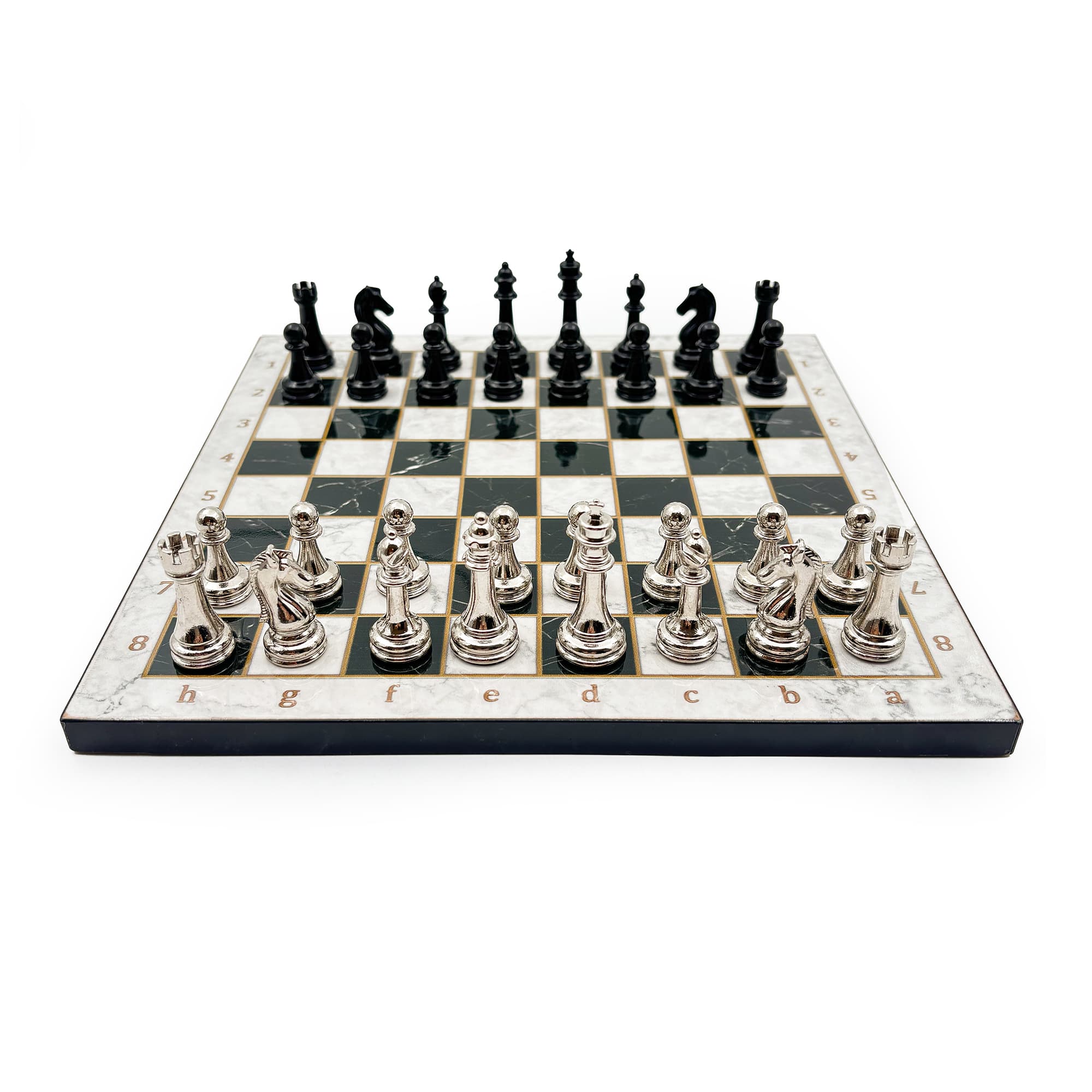 Ahşap Satranç Takımı – Metal Taşlı MERDUZ36S - 30cm - Siyah-Gümüş - Görsel 2