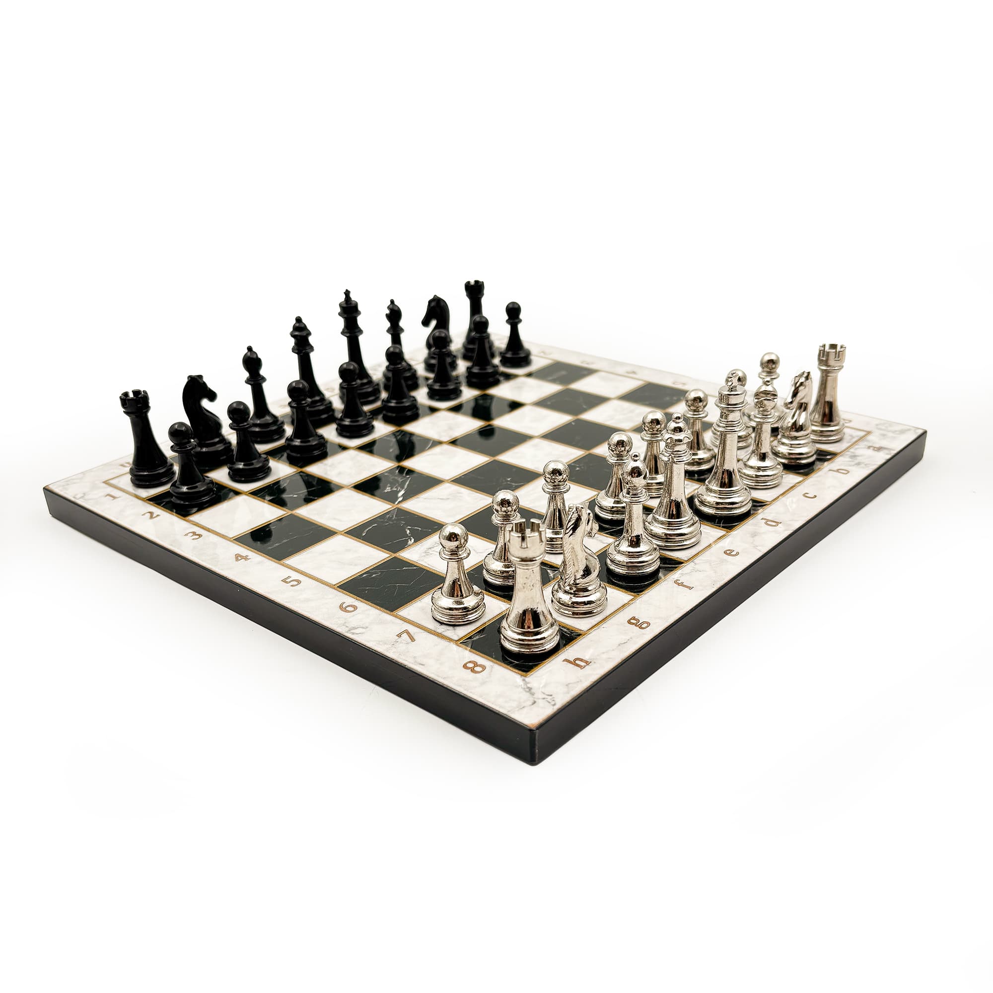 Ahşap Satranç Takımı – Metal Taşlı MERDUZ36S - 30cm - Siyah-Gümüş