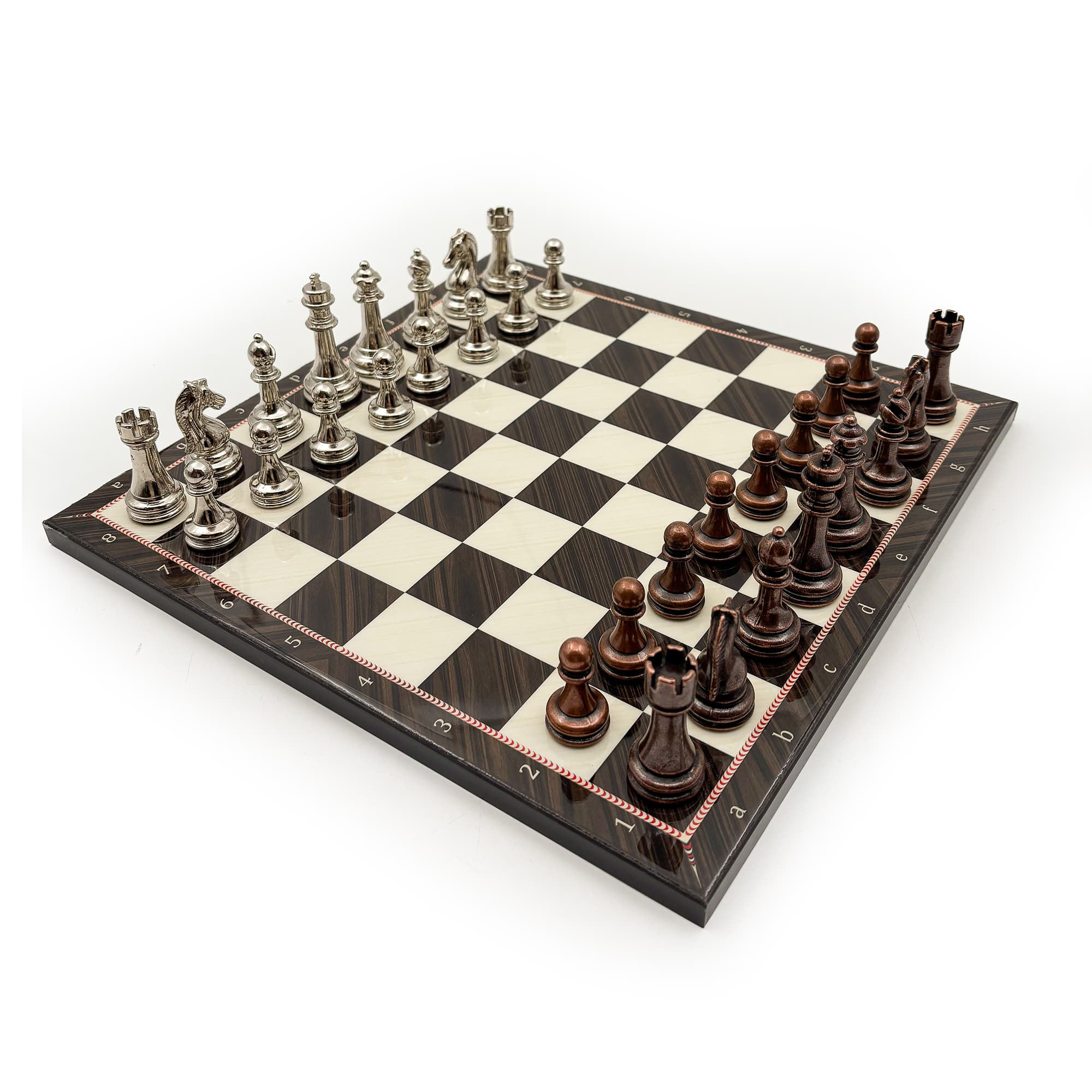 Handmade Walnut Patterned Wooden Chess Set – Metal Stone DC36 - Küçük Görsel 12