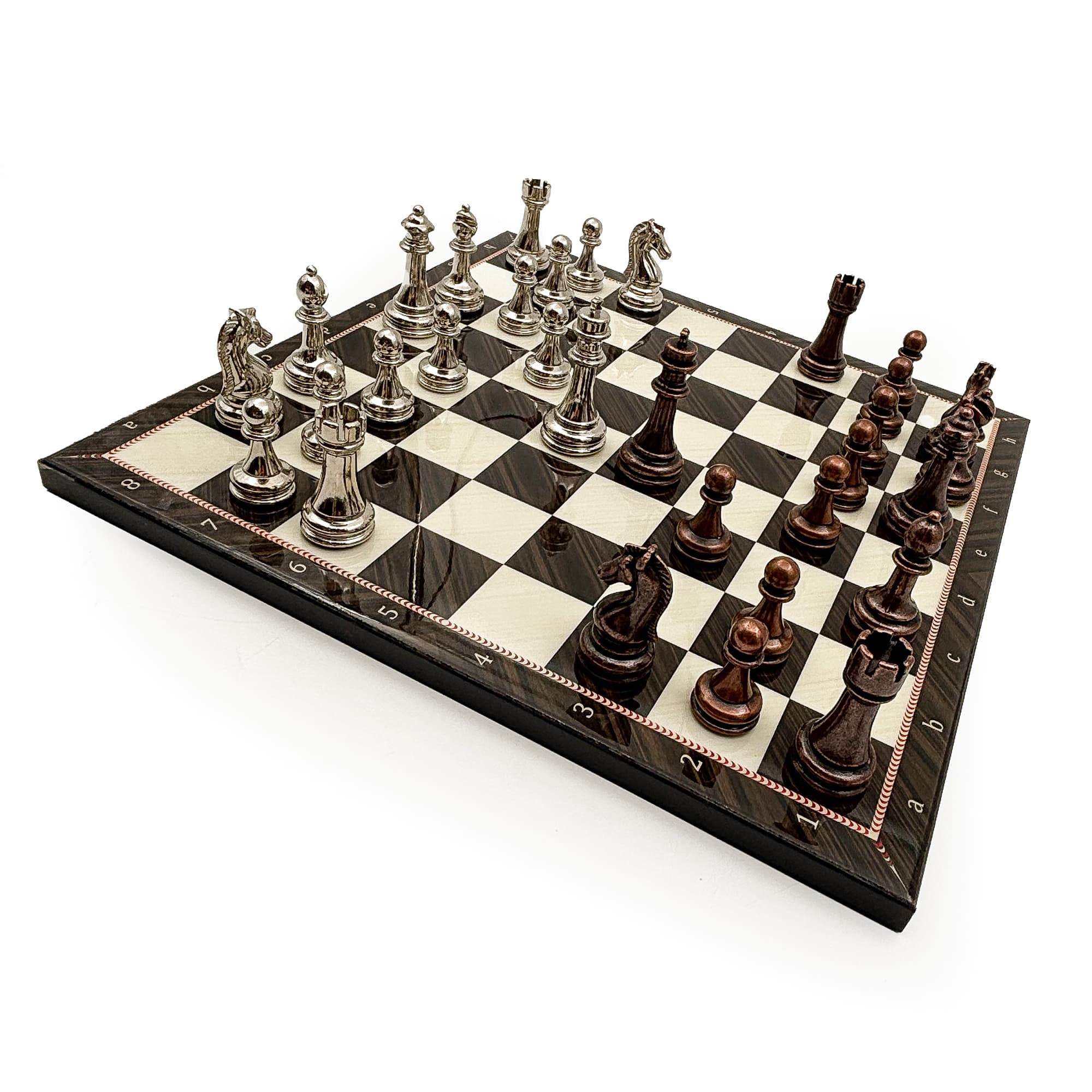 Handmade Walnut Patterned Wooden Chess Set – Metal Stone DC36 - Küçük Görsel 8