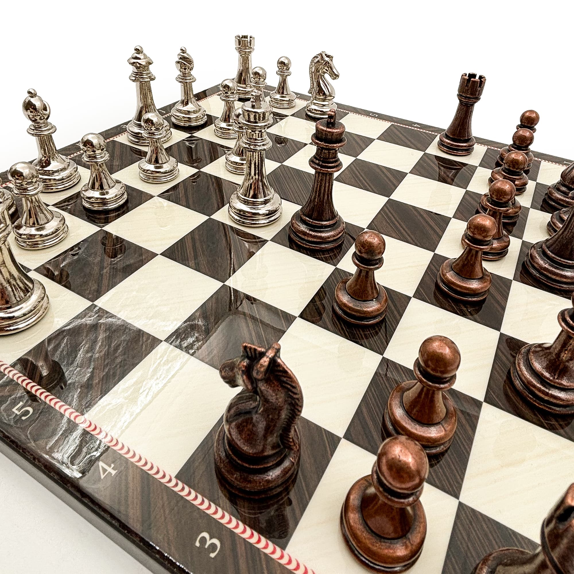 Handmade Walnut Patterned Wooden Chess Set – Metal Stone DC36 - Küçük Görsel 7