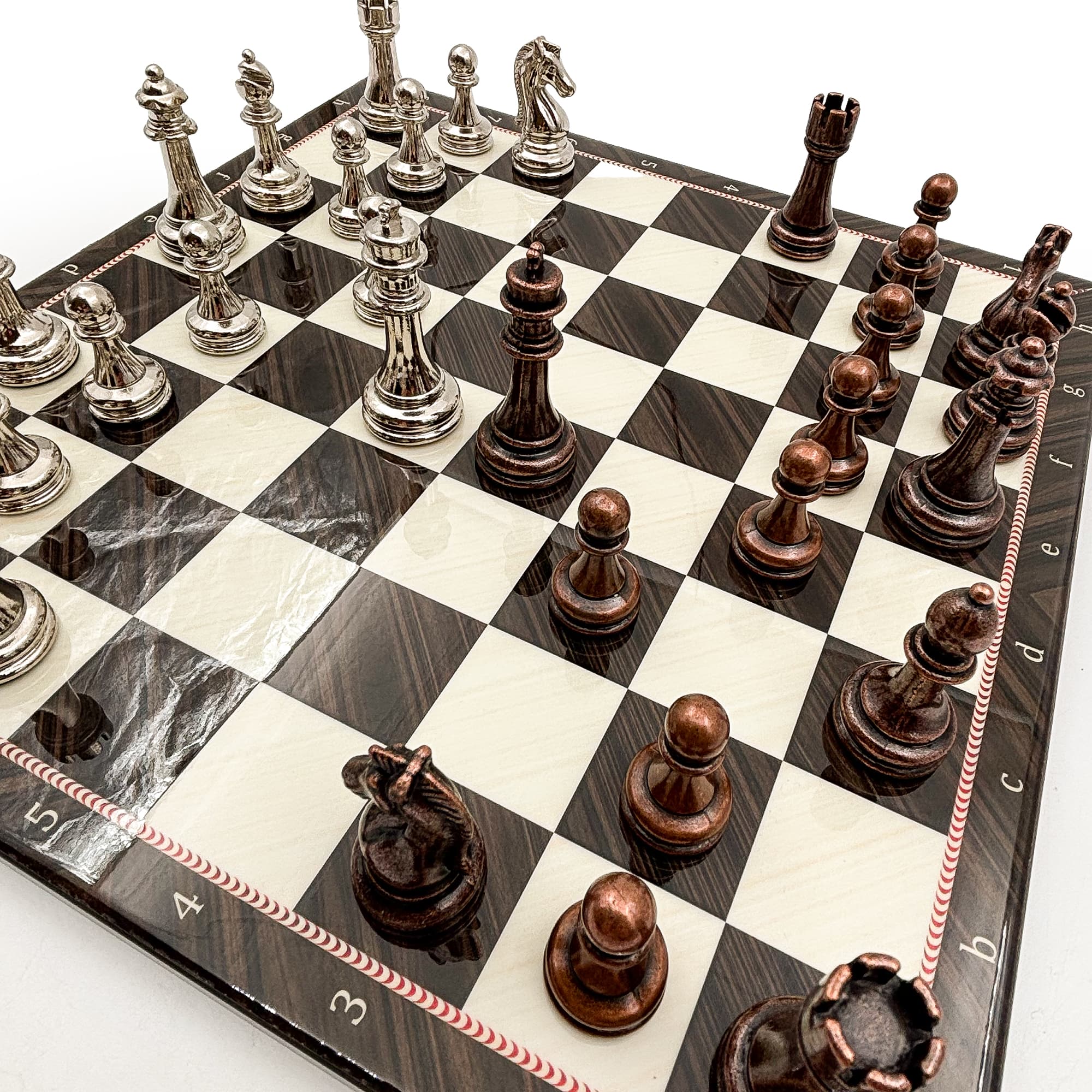 Handmade Walnut Patterned Wooden Chess Set – Metal Stone DC36 - Küçük Görsel 6