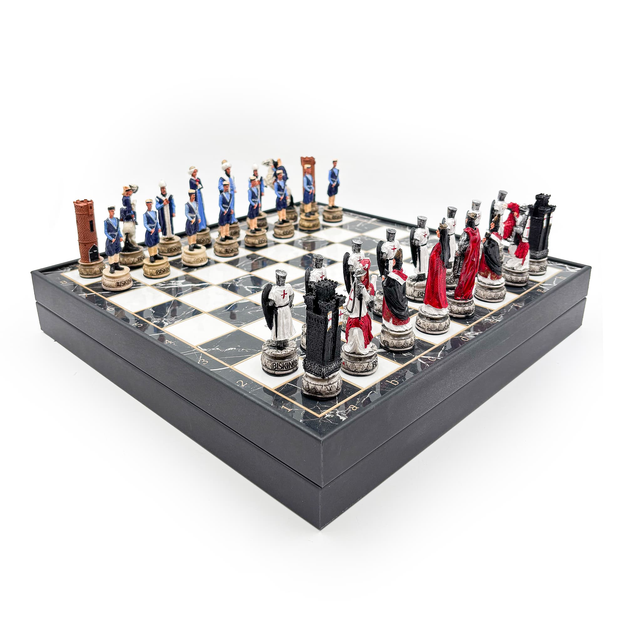 Hand Painted Ottoman - Crusader Themed Chess Set - Wooden Lid Box with Polyester Stone