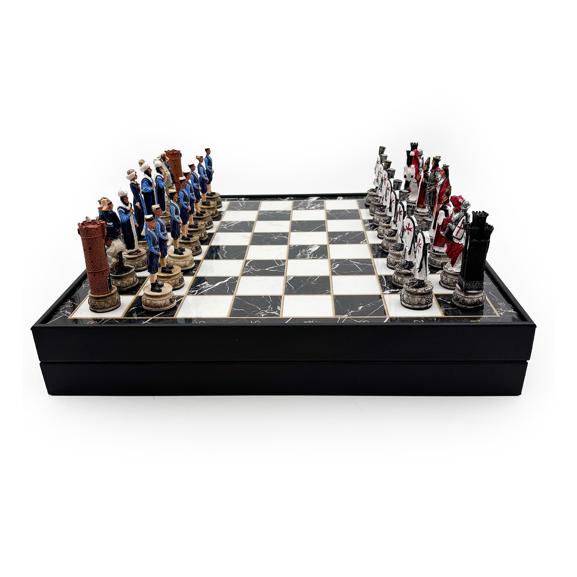 Hand Painted Ottoman - Crusader Themed Chess Set - Wooden Lid Box with Polyester Stone - Küçük Görsel 7