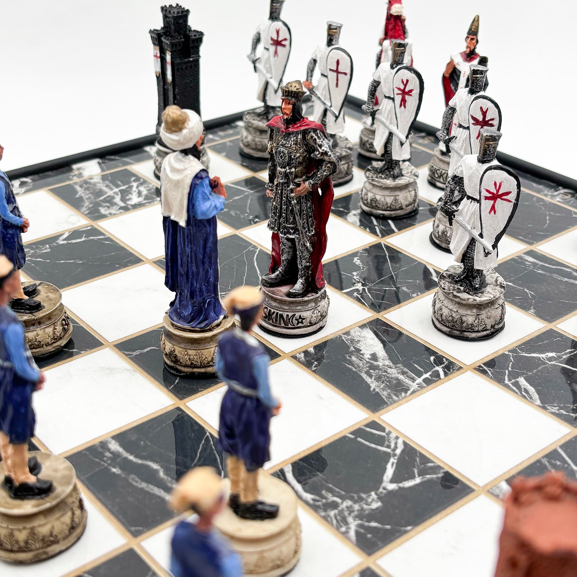 Hand Painted Ottoman - Crusader Themed Chess Set - Wooden Lid Box with Polyester Stone - Küçük Görsel 14