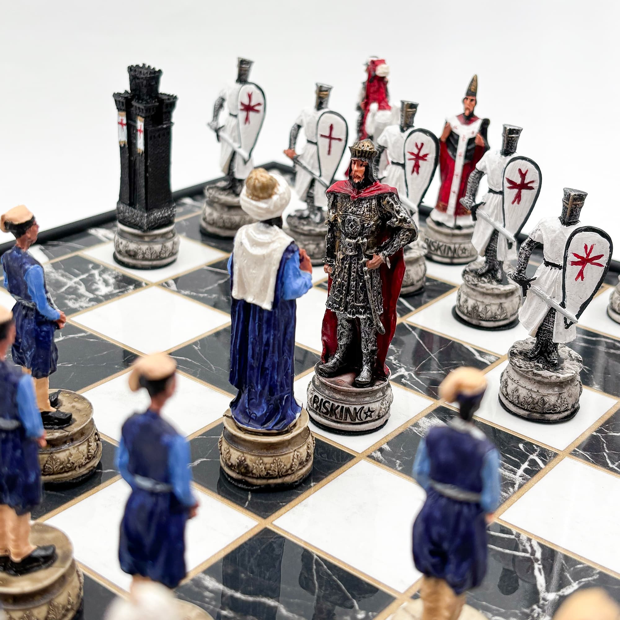 Hand Painted Ottoman - Crusader Themed Chess Set - Wooden Lid Box with Polyester Stone - Küçük Görsel 15