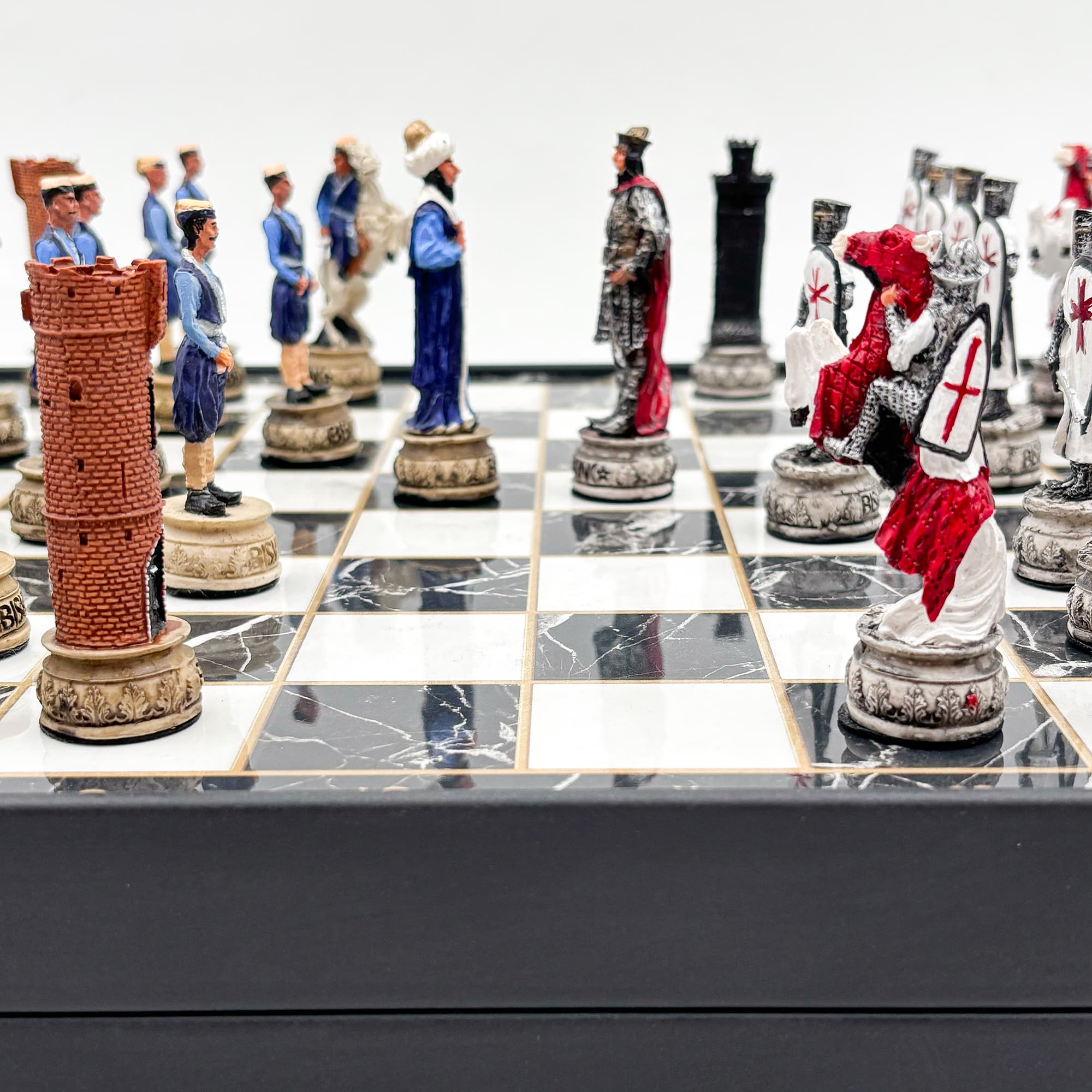 Hand Painted Ottoman - Crusader Themed Chess Set - Wooden Lid Box with Polyester Stone - Küçük Görsel 16