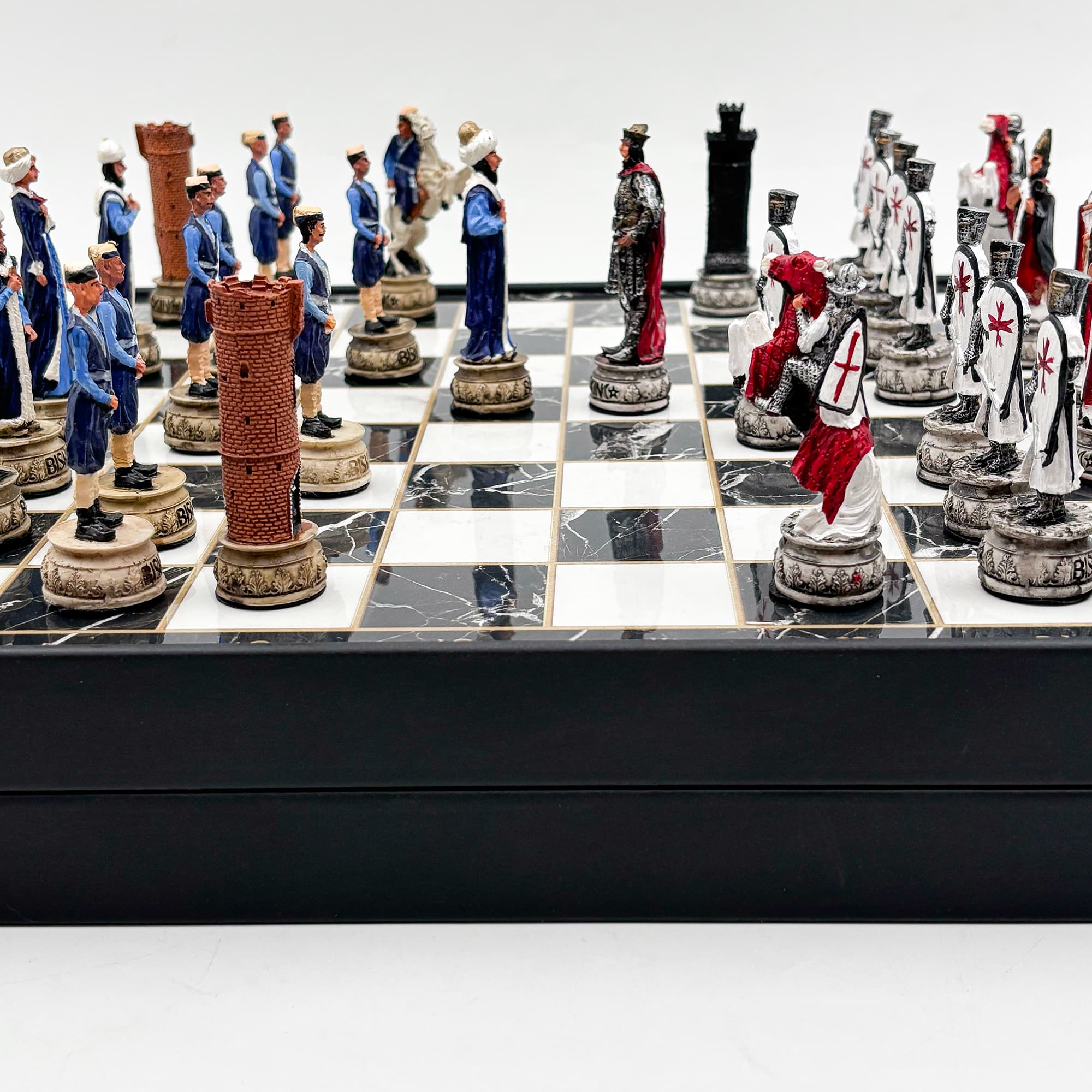 Hand Painted Ottoman - Crusader Themed Chess Set - Wooden Lid Box with Polyester Stone - Küçük Görsel 17