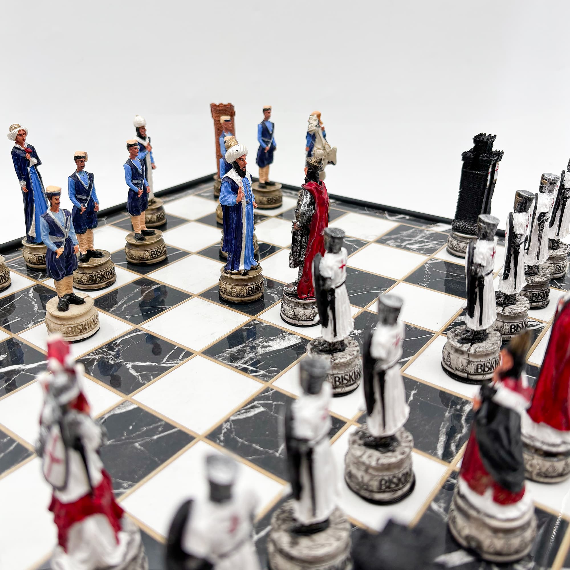 Hand Painted Ottoman - Crusader Themed Chess Set - Wooden Lid Box with Polyester Stone - Küçük Görsel 21