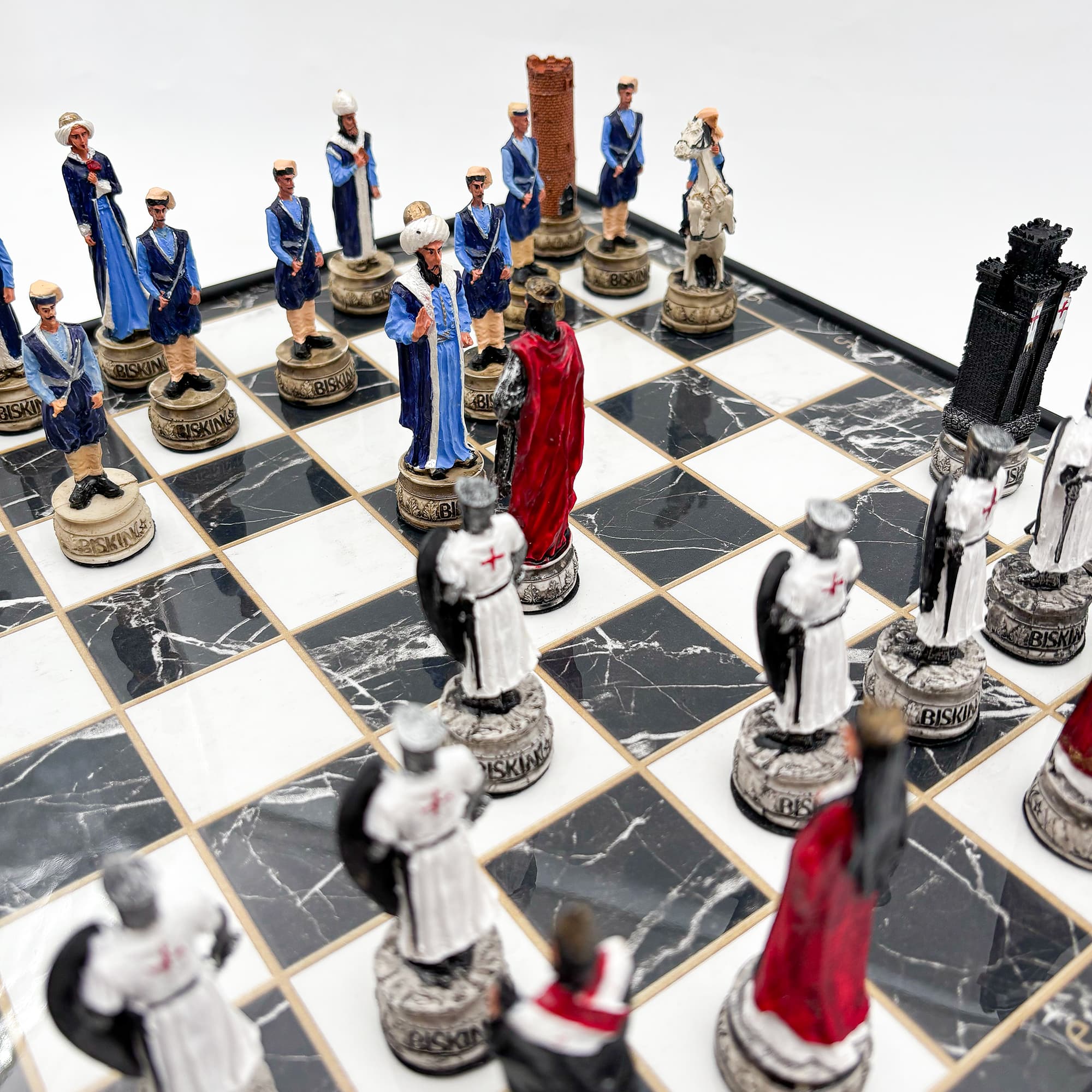 Hand Painted Ottoman - Crusader Themed Chess Set - Wooden Lid Box with Polyester Stone - Küçük Görsel 22