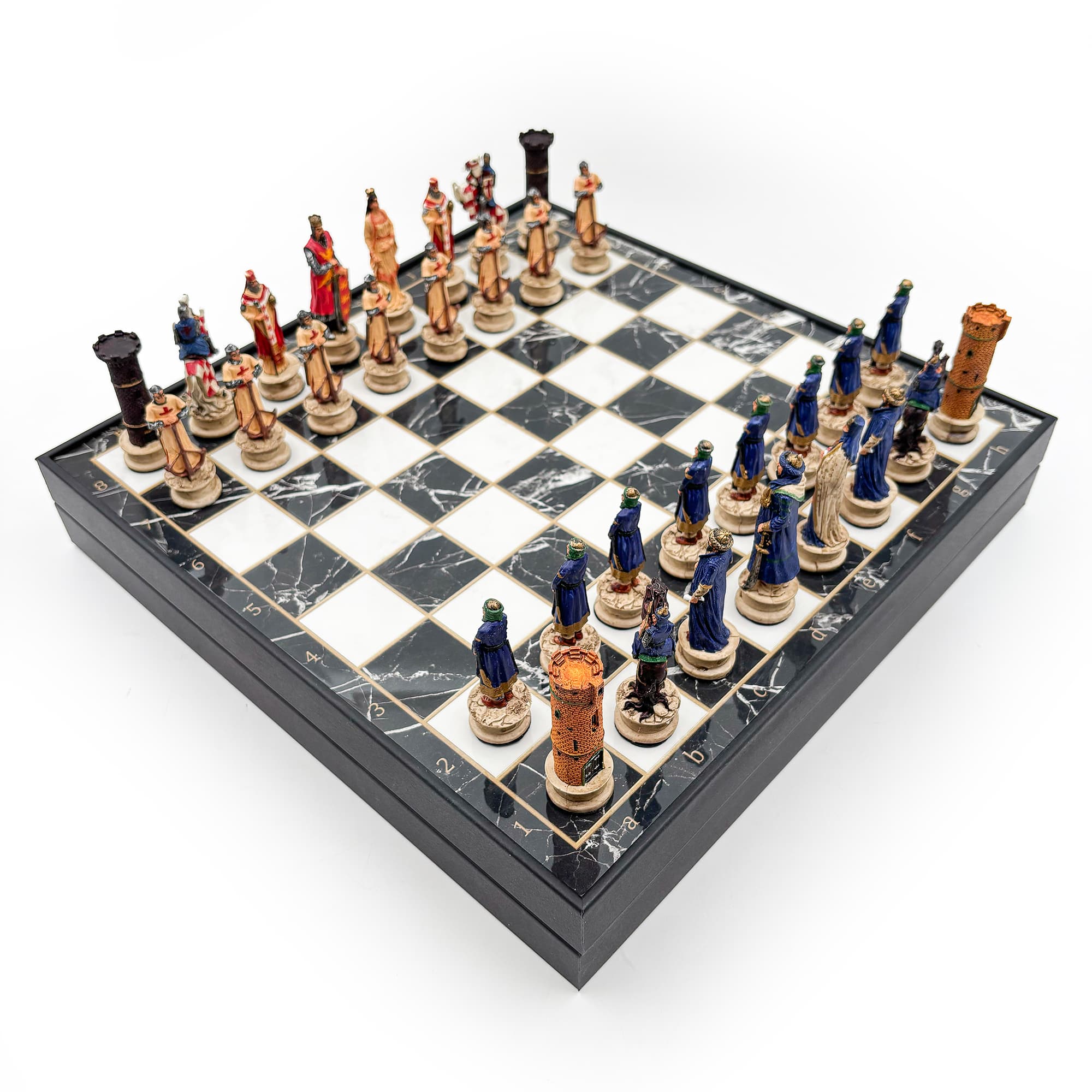 Hand Painted Persian - Crusader Themed Chess Set - Wooden Lid Box with Polyester Stones - Küçük Görsel 4