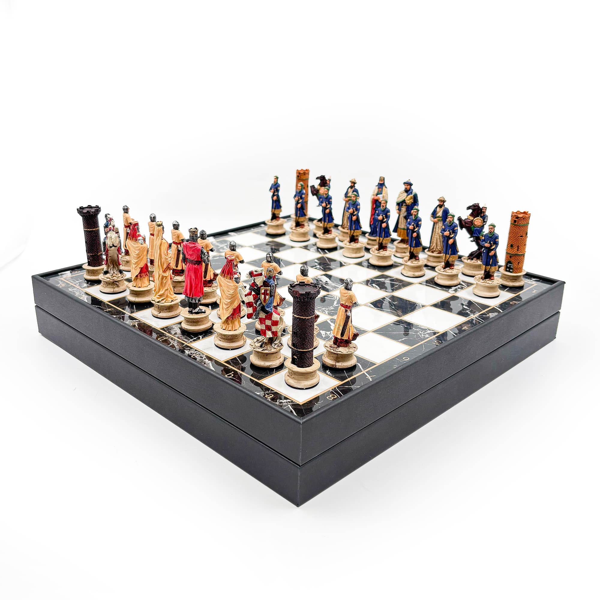 Hand Painted Persian - Crusader Themed Chess Set - Wooden Lid Box with Polyester Stones