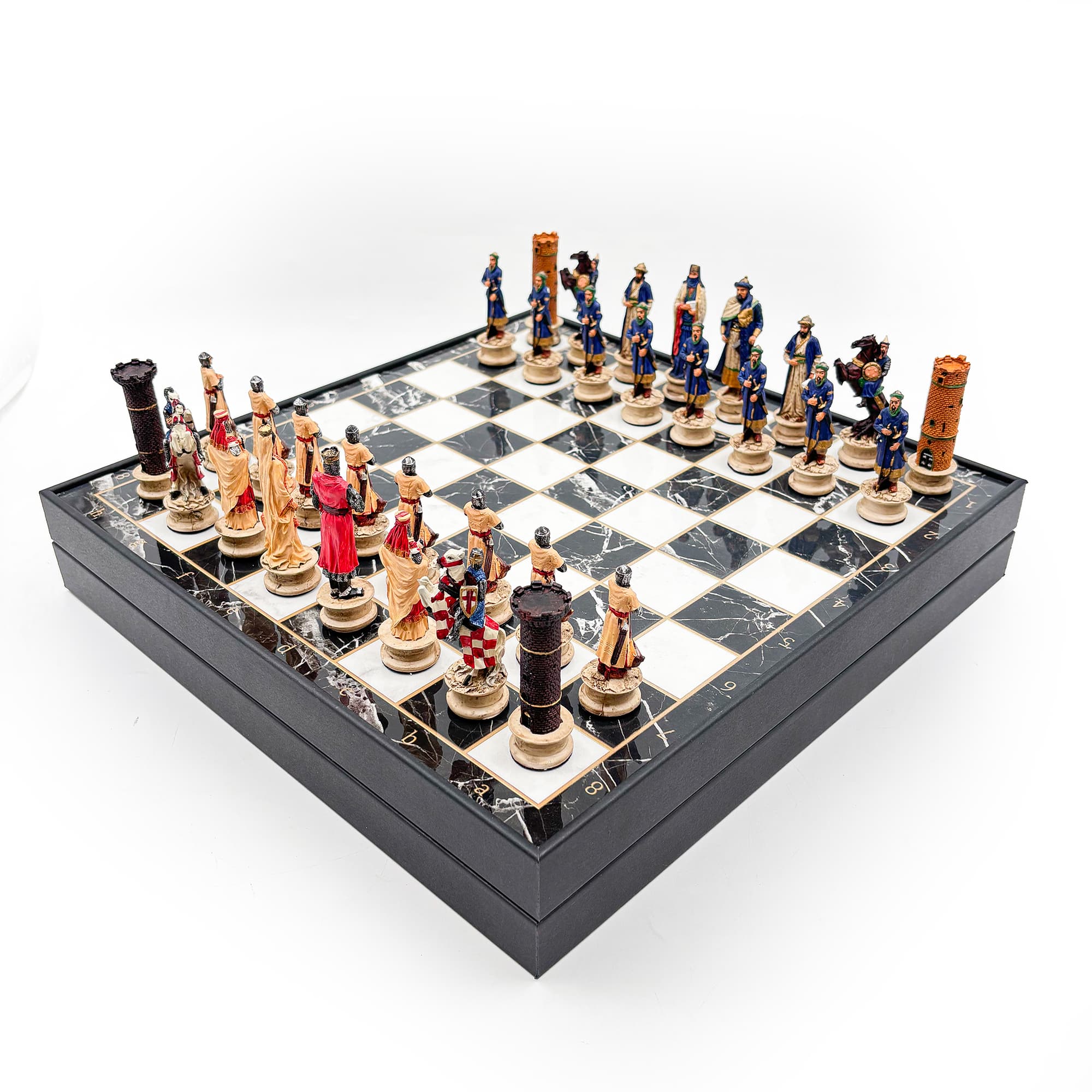 Hand Painted Persian - Crusader Themed Chess Set - Wooden Lid Box with Polyester Stones - Küçük Görsel 6