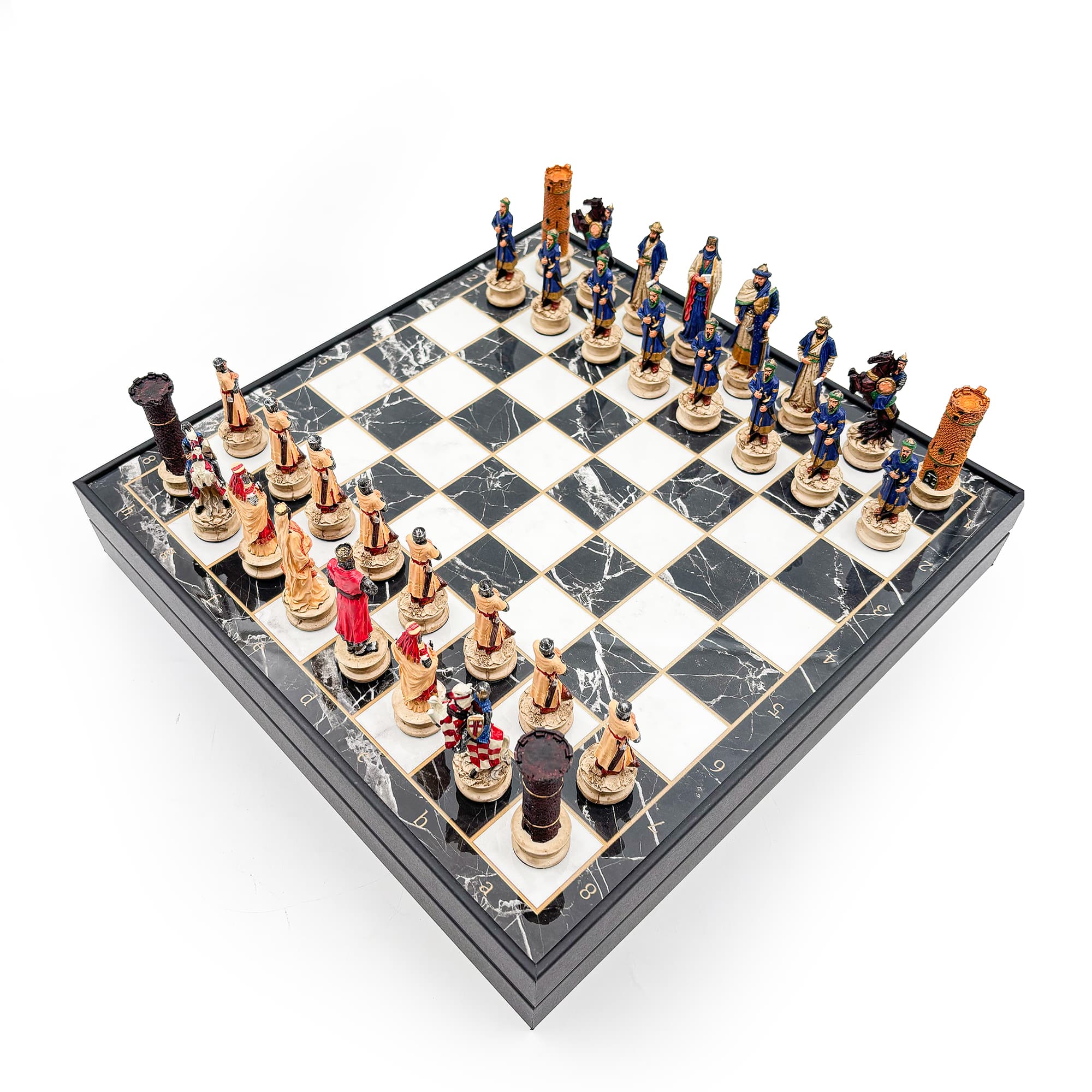 Hand Painted Persian - Crusader Themed Chess Set - Wooden Lid Box with Polyester Stones - Küçük Görsel 7