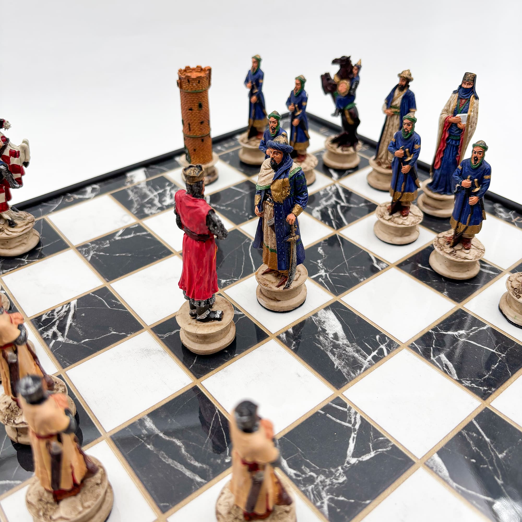 Hand Painted Persian - Crusader Themed Chess Set - Wooden Lid Box with Polyester Stones - Küçük Görsel 8