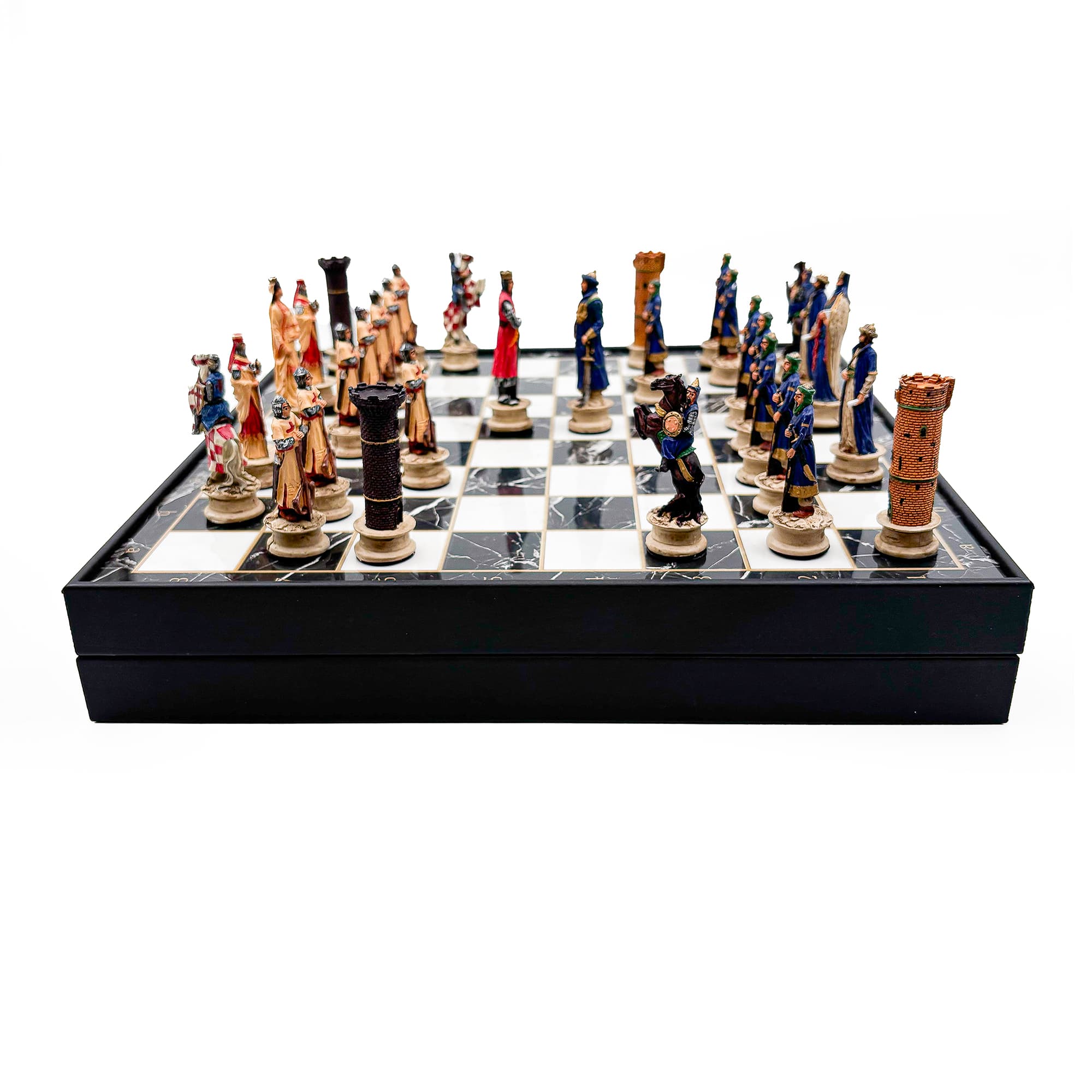Hand Painted Persian - Crusader Themed Chess Set - Wooden Lid Box with Polyester Stones - Küçük Görsel 11