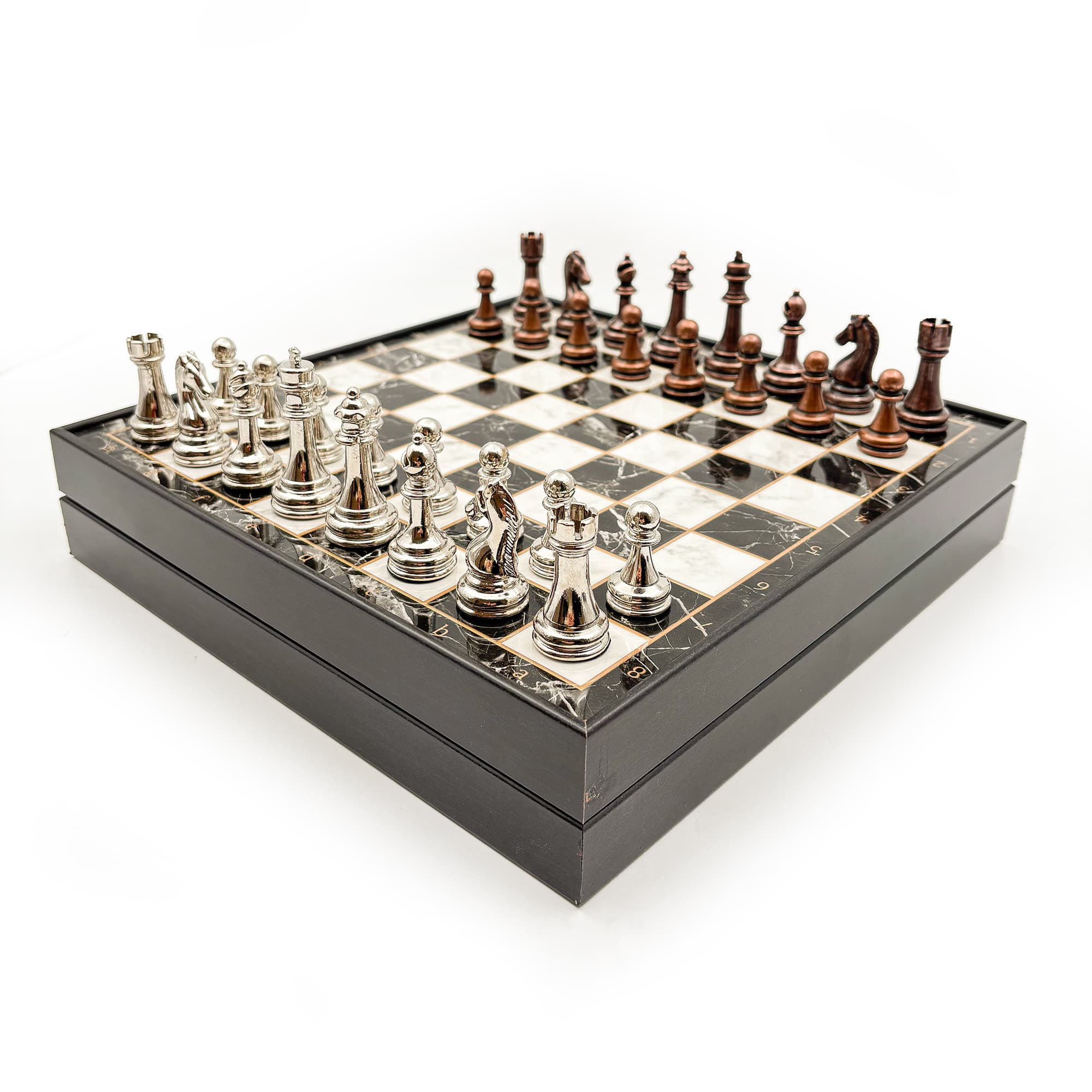 Wooden Chess Set Black Silver Metal Stone MERKP36S - 25cm - Bakır-Gümüş