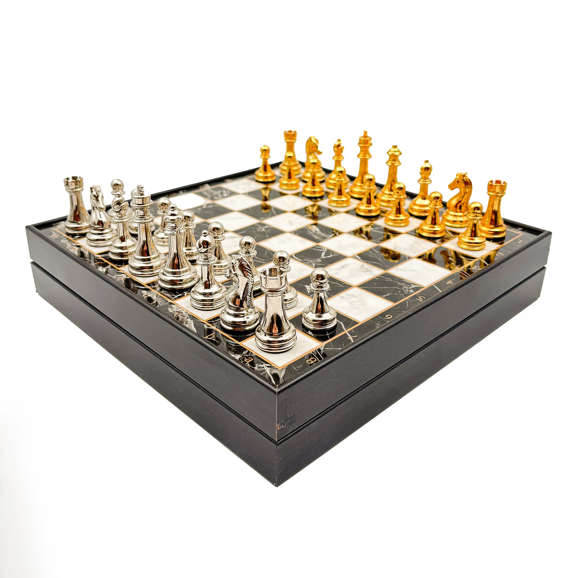 Ahşap Satranç Takımı Siyah Gümüş Metal Taşlı MERKP36S - 30cm - Altın-Gümüş