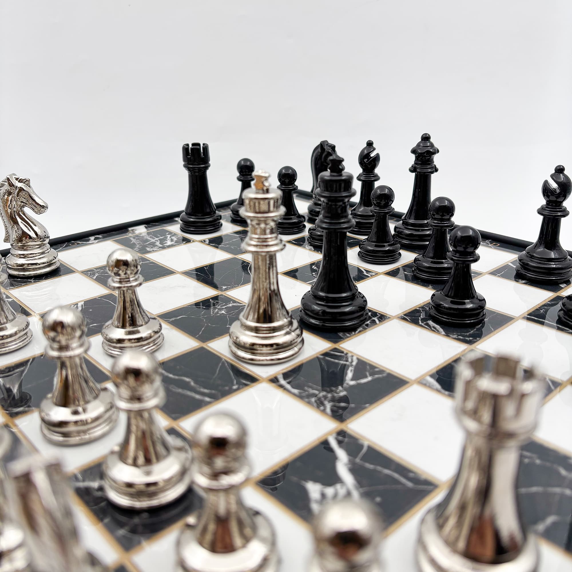 Wooden Chess Set Black Silver Metal Stone MERKP36S - Küçük Görsel 8