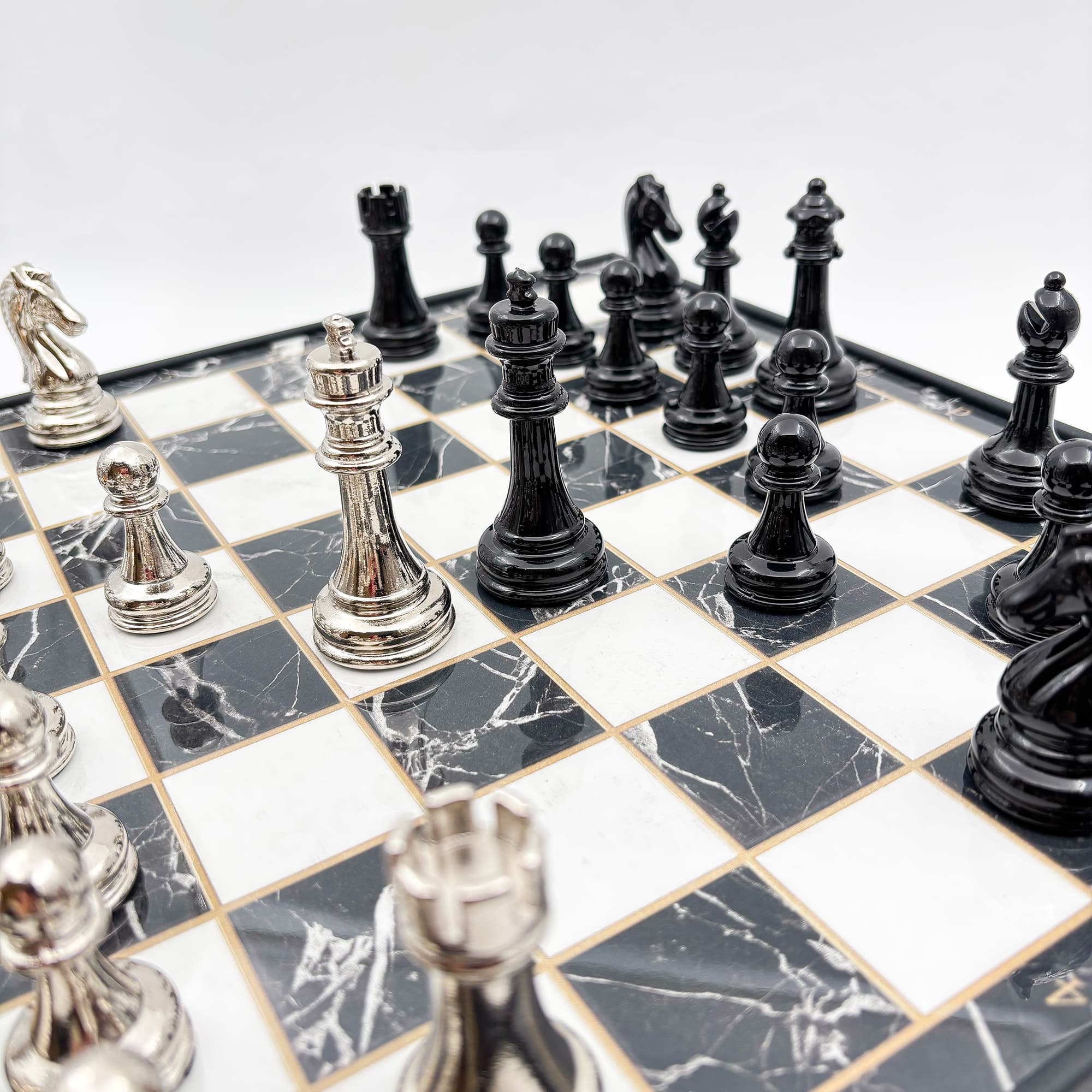 Wooden Chess Set Black Silver Metal Stone MERKP36S - Küçük Görsel 7