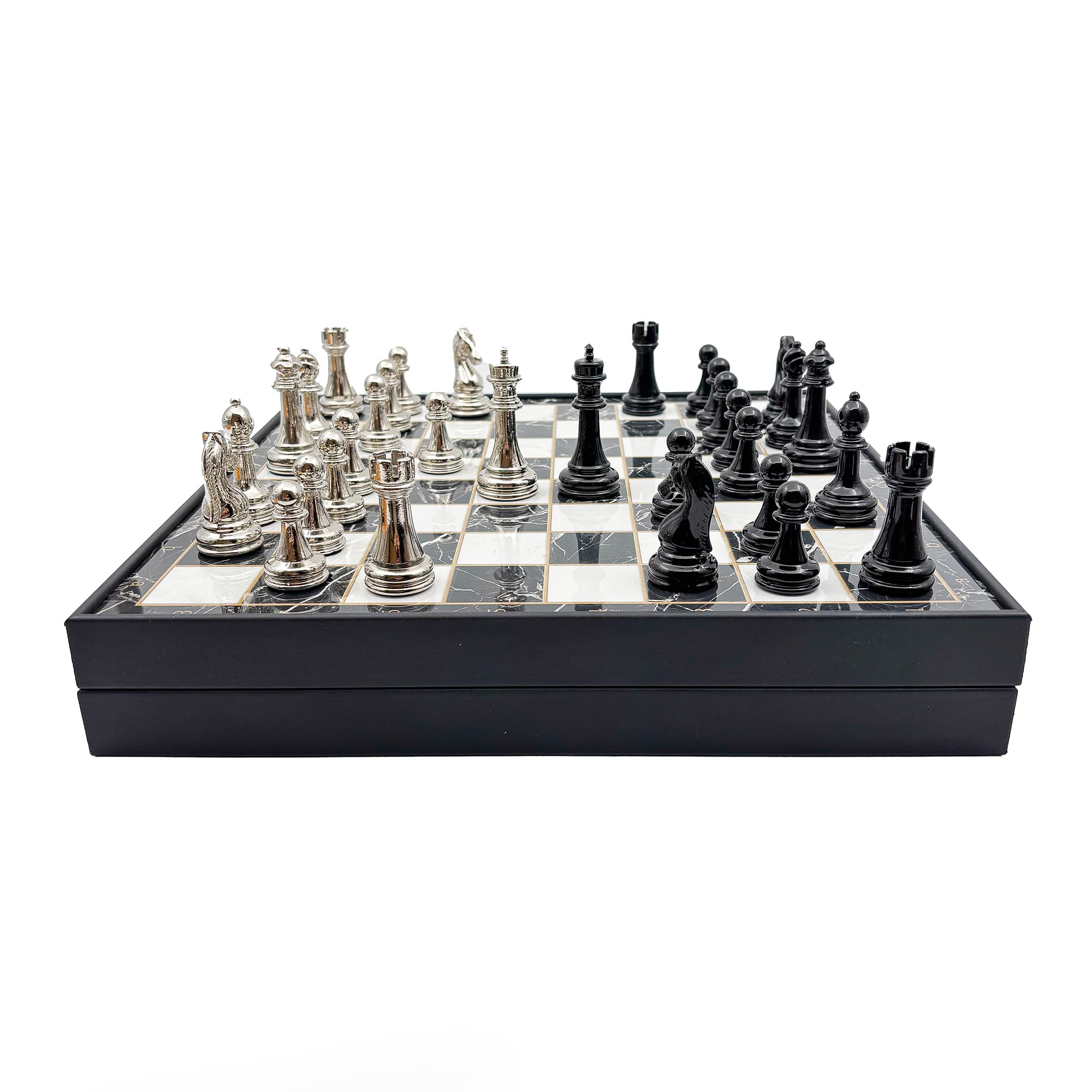 Wooden Chess Set Black Silver Metal Stone MERKP36S - Küçük Görsel 6