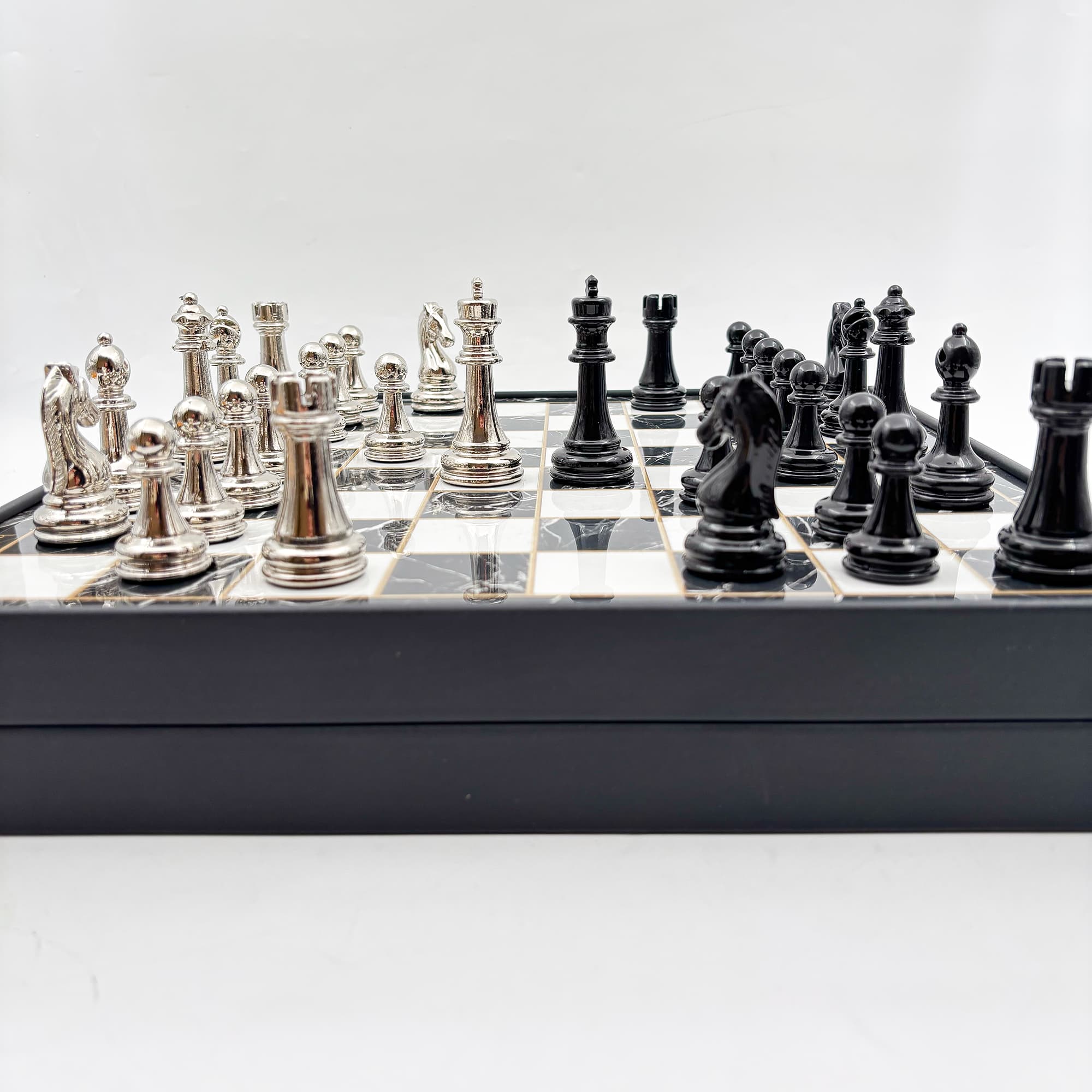 Wooden Chess Set Black Silver Metal Stone MERKP36S - Küçük Görsel 5