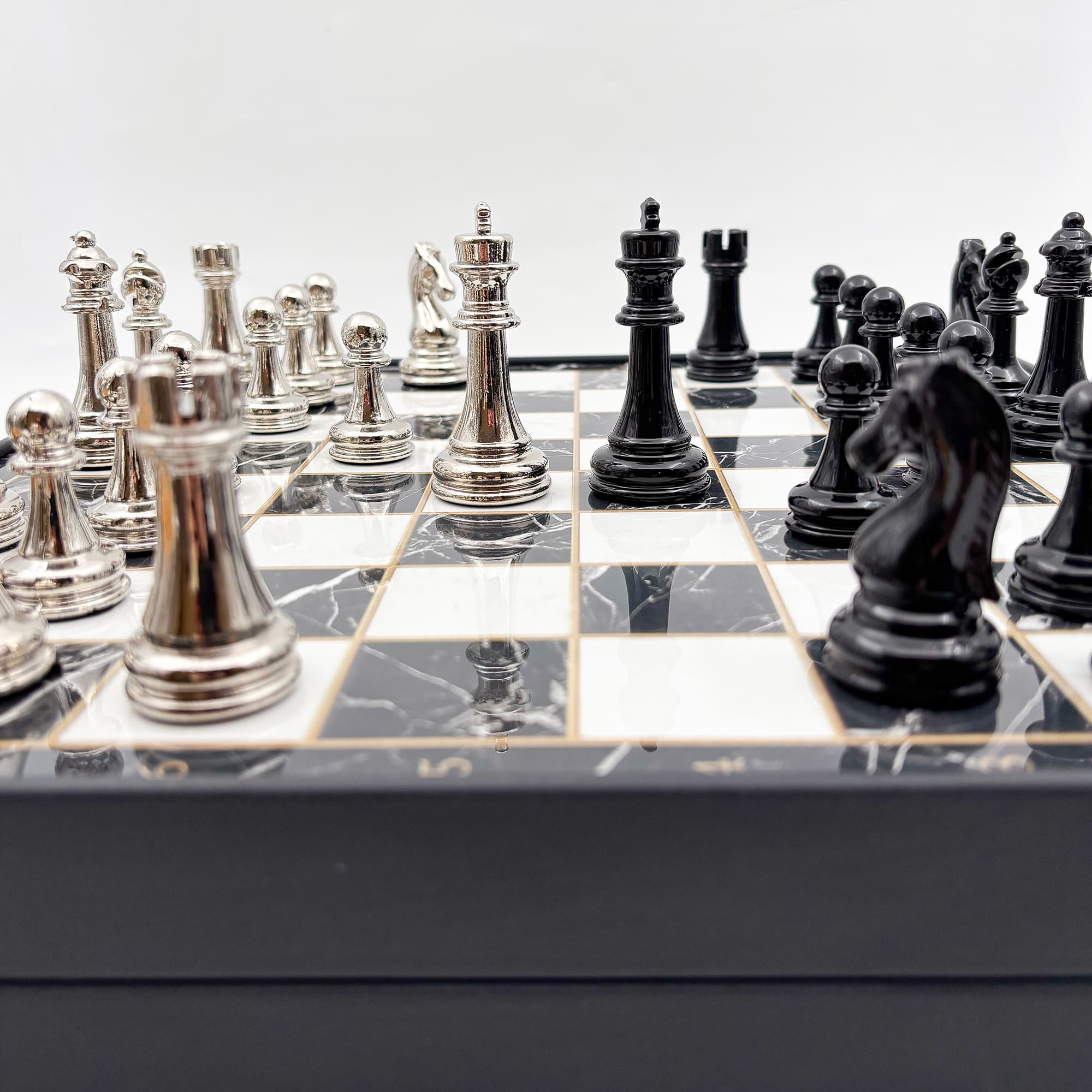 Wooden Chess Set Black Silver Metal Stone MERKP36S - Küçük Görsel 4