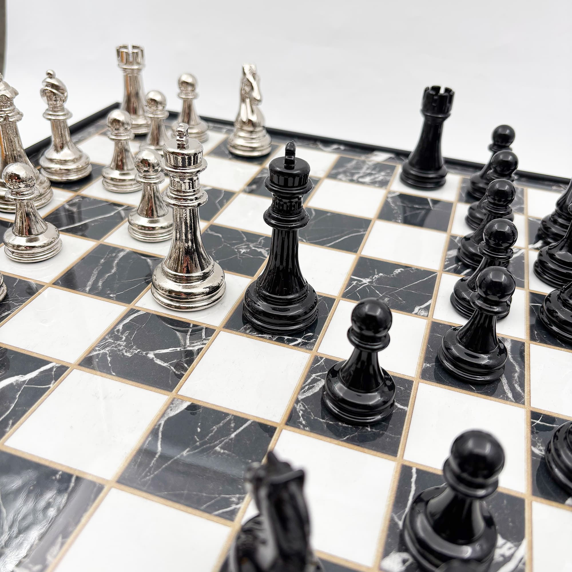 Wooden Chess Set Black Silver Metal Stone MERKP36S - Küçük Görsel 3