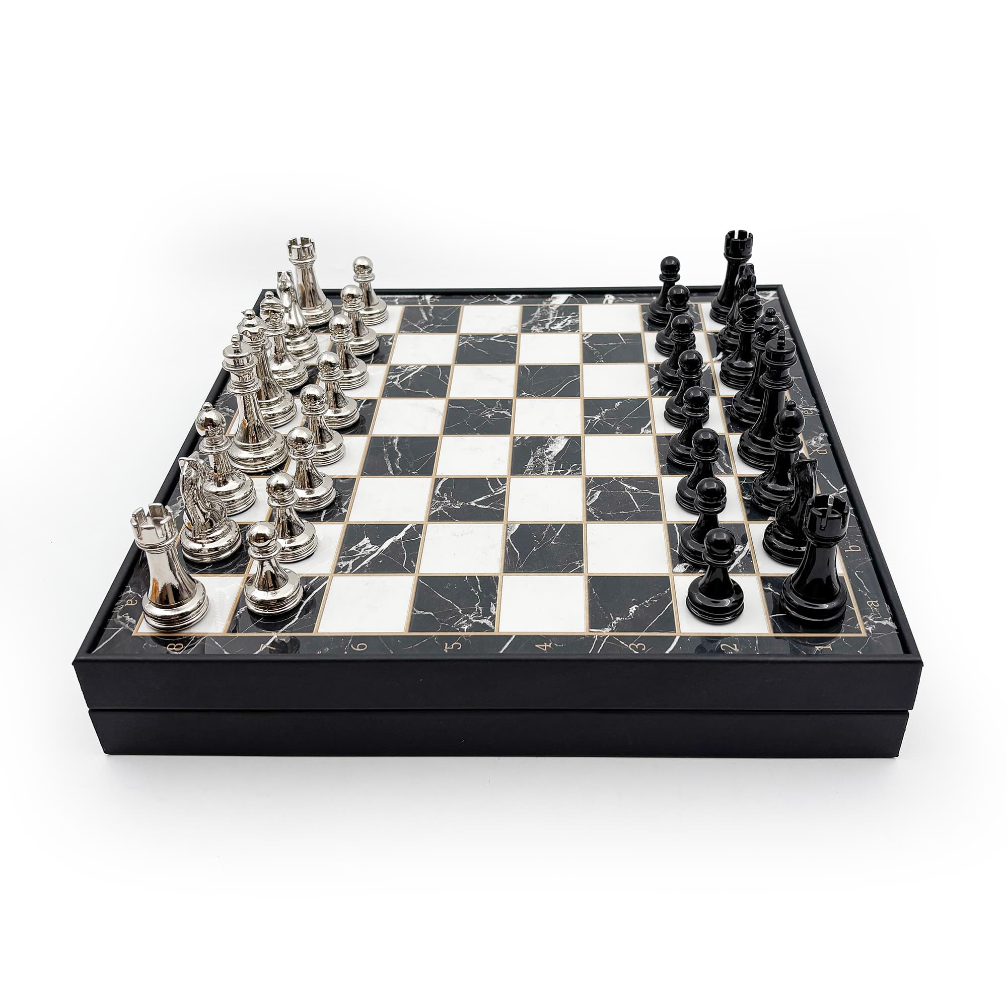 Wooden Chess Set Black Silver Metal Stone MERKP36S - Küçük Görsel 15