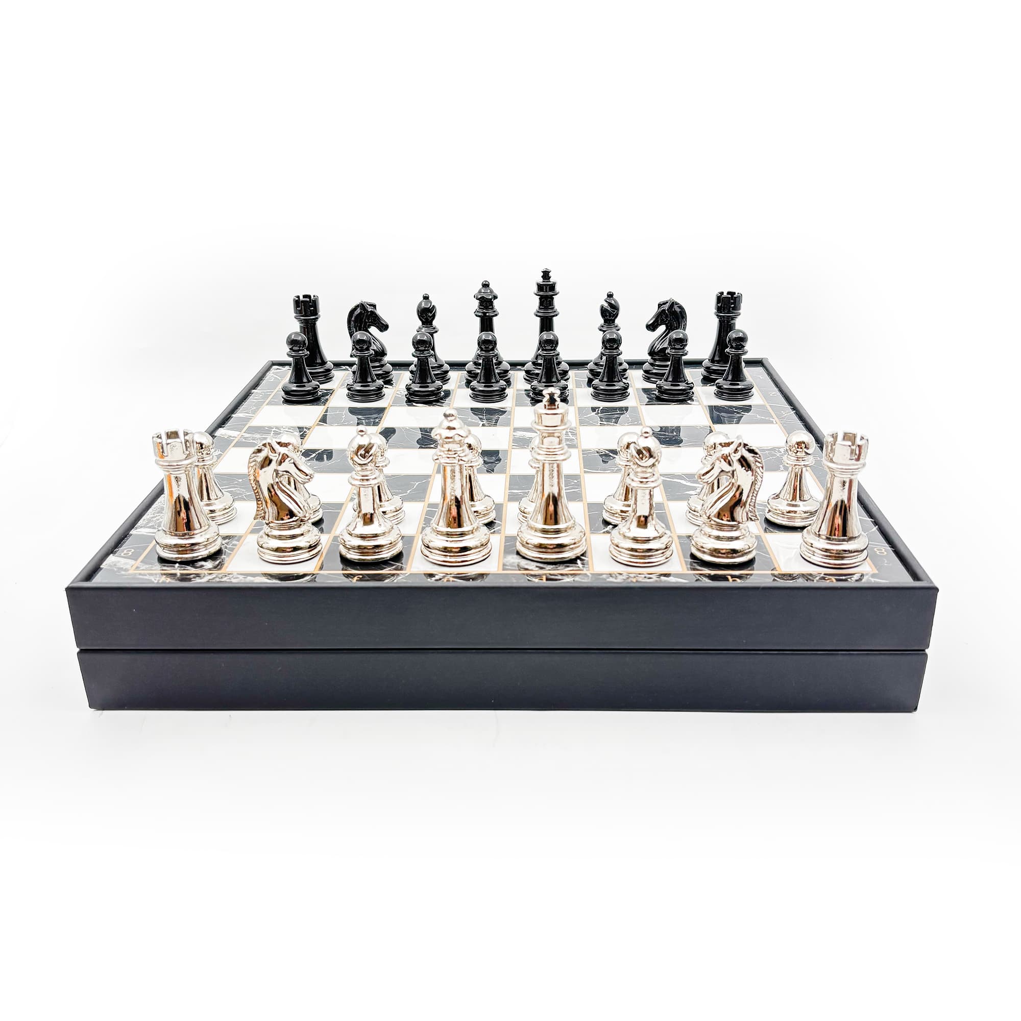 Wooden Chess Set Black Silver Metal Stone MERKP36S - Küçük Görsel 14