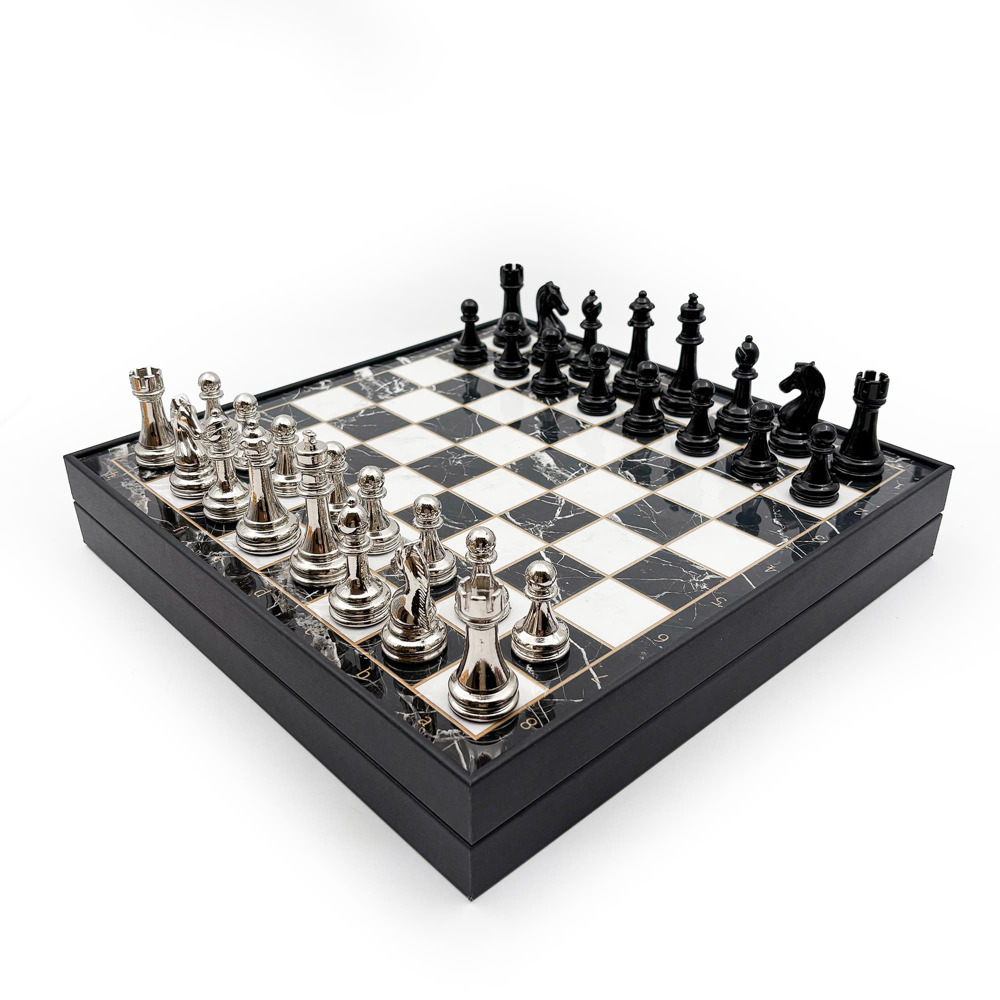 Wooden Chess Set Black Silver Metal Stone MERKP36S - Küçük Görsel 12