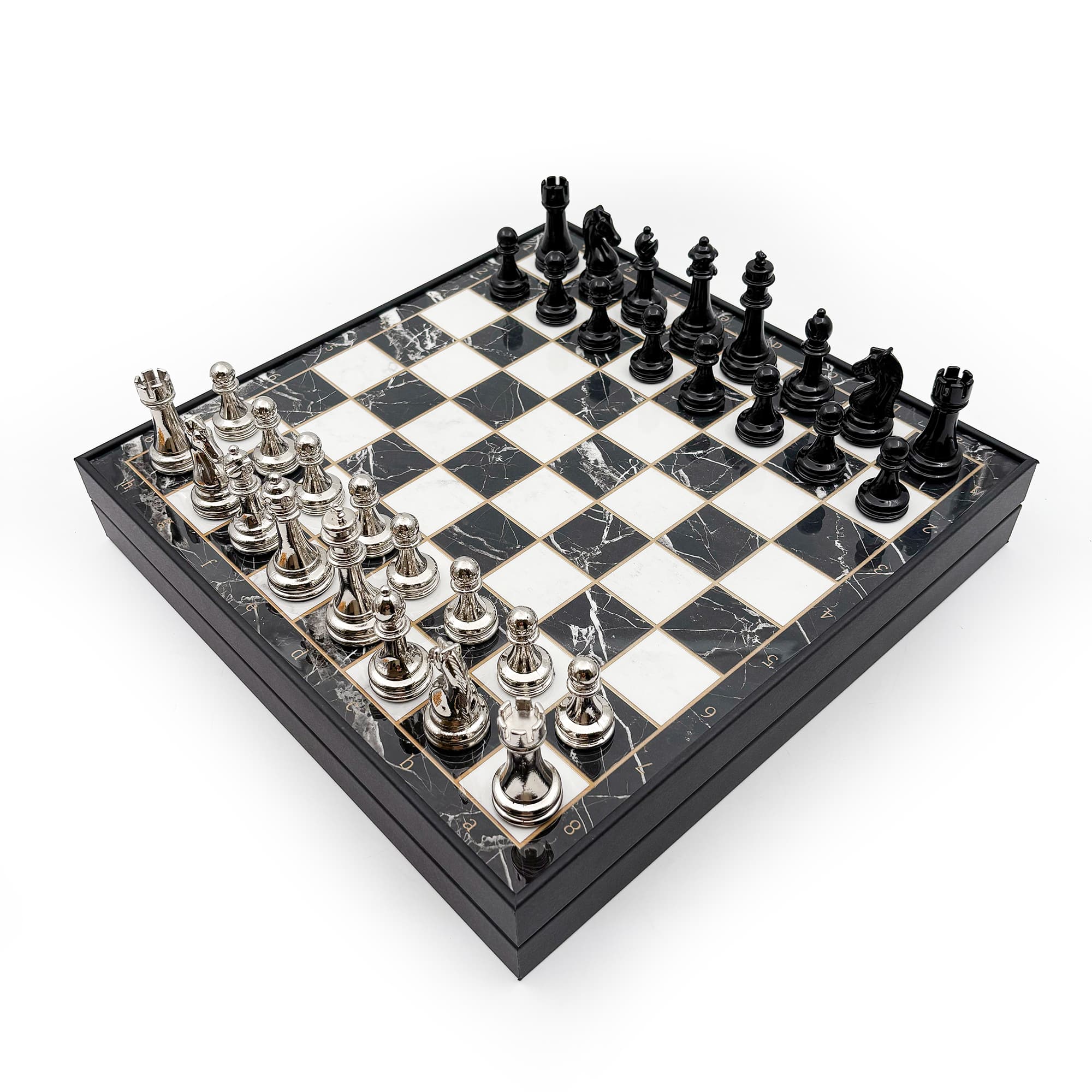 Wooden Chess Set Black Silver Metal Stone MERKP36S - Küçük Görsel 11