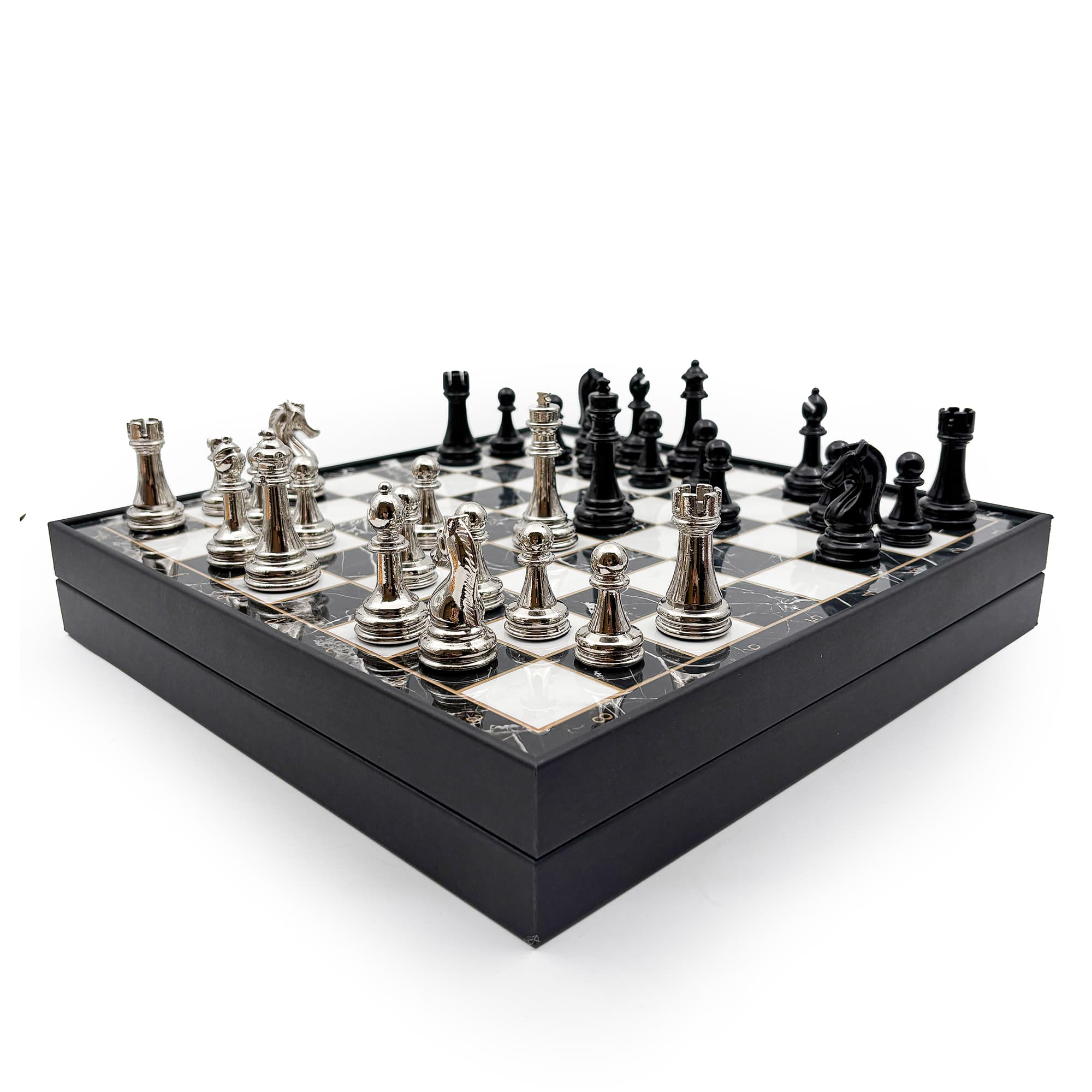 Wooden Chess Set Black Silver Metal Stone MERKP36S - Küçük Görsel 10
