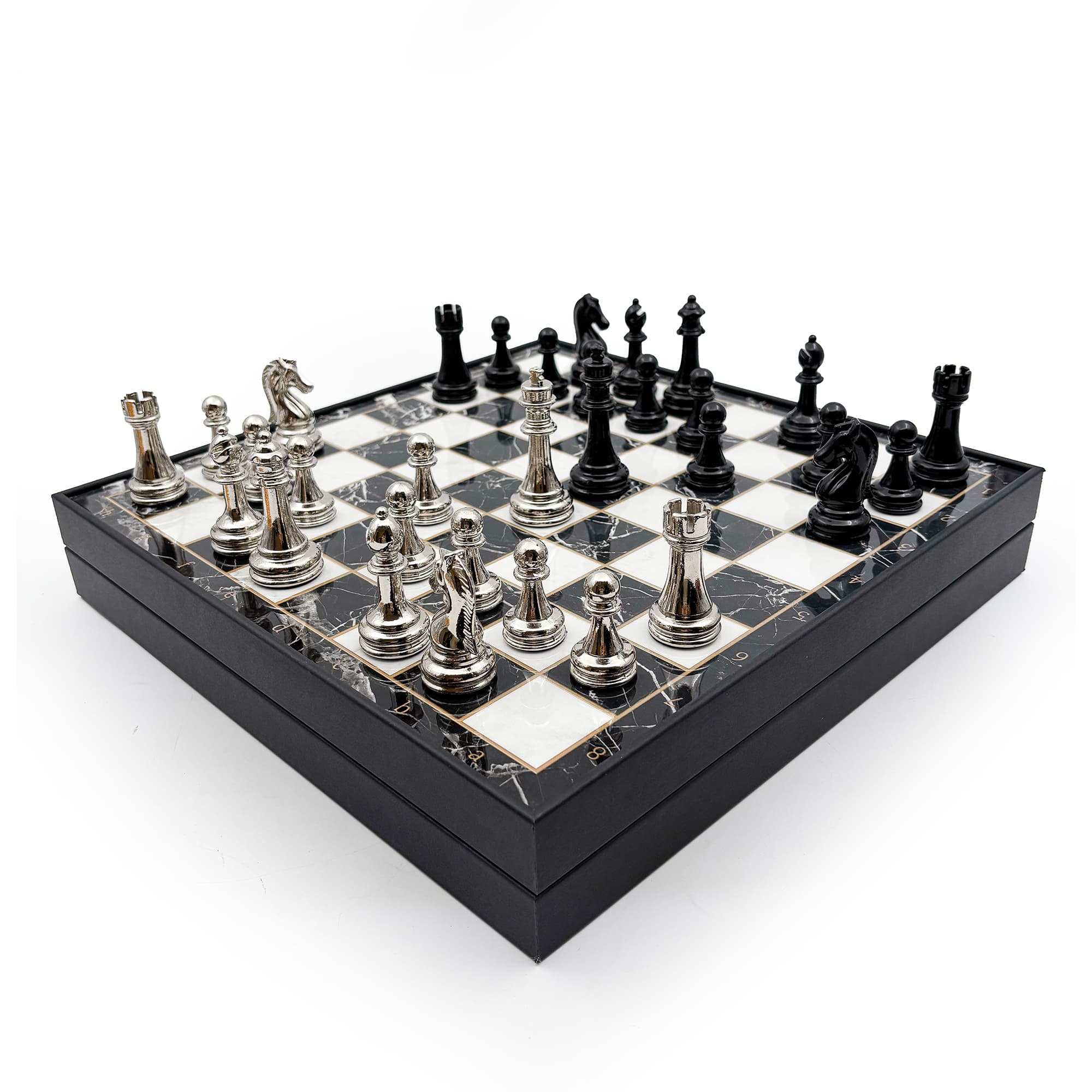 Wooden Chess Set Black Silver Metal Stone MERKP36S - 25cm - Siyah-Gümüş