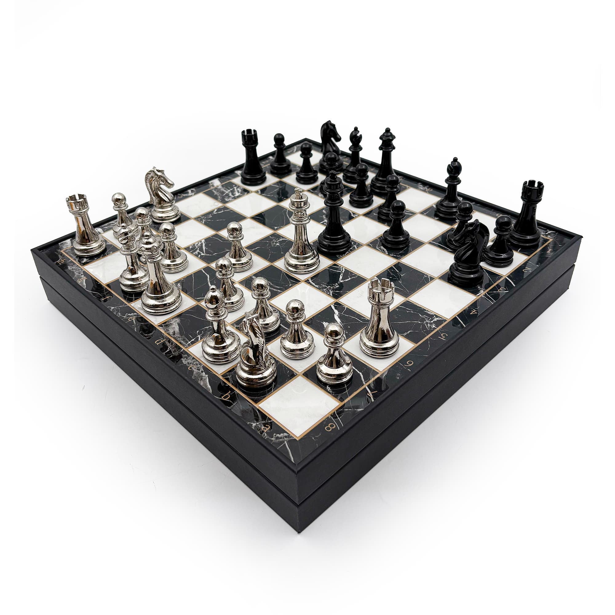 Ahşap Satranç Takımı Siyah Gümüş Metal Taşlı MERKP36S - 30cm - Altın-Gümüş - Görsel 2