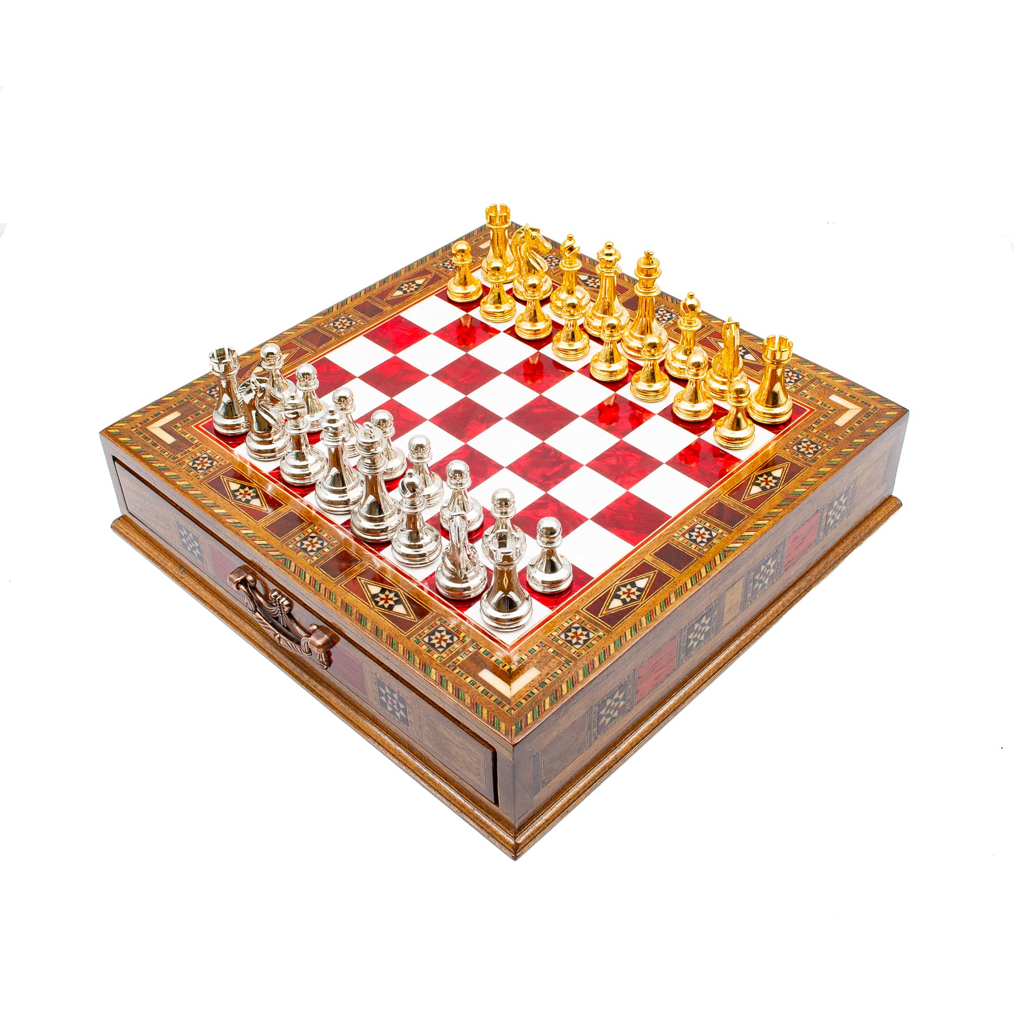 Çekmeceli Satranç Taşlarına Sahip SC38KSA - Kırmızı Tahta - 32cm - Altın-Gümüş