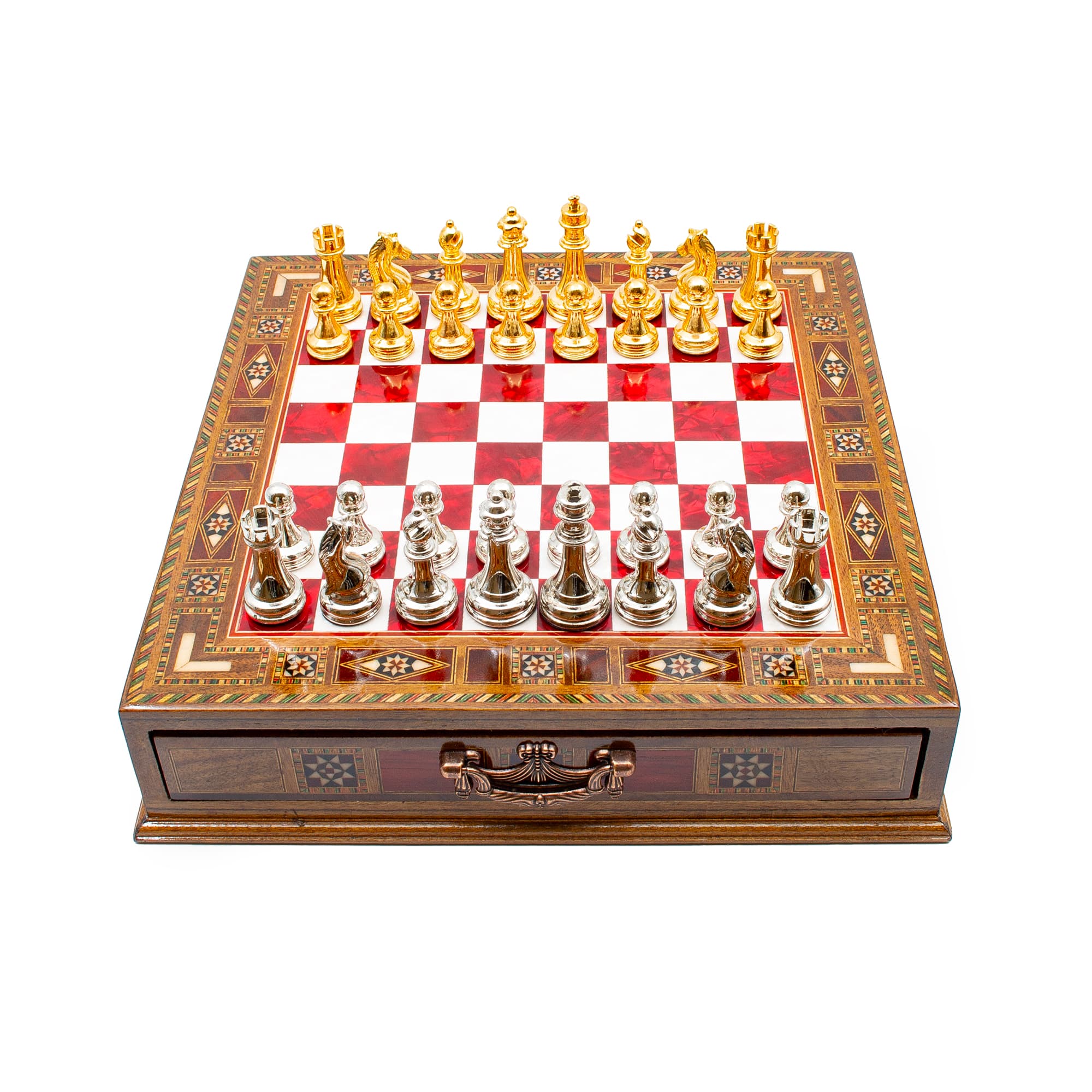 Çekmeceli Satranç Taşlarına Sahip SC38KSA - Kırmızı Tahta - 32cm - Altın-Gümüş - Görsel 3