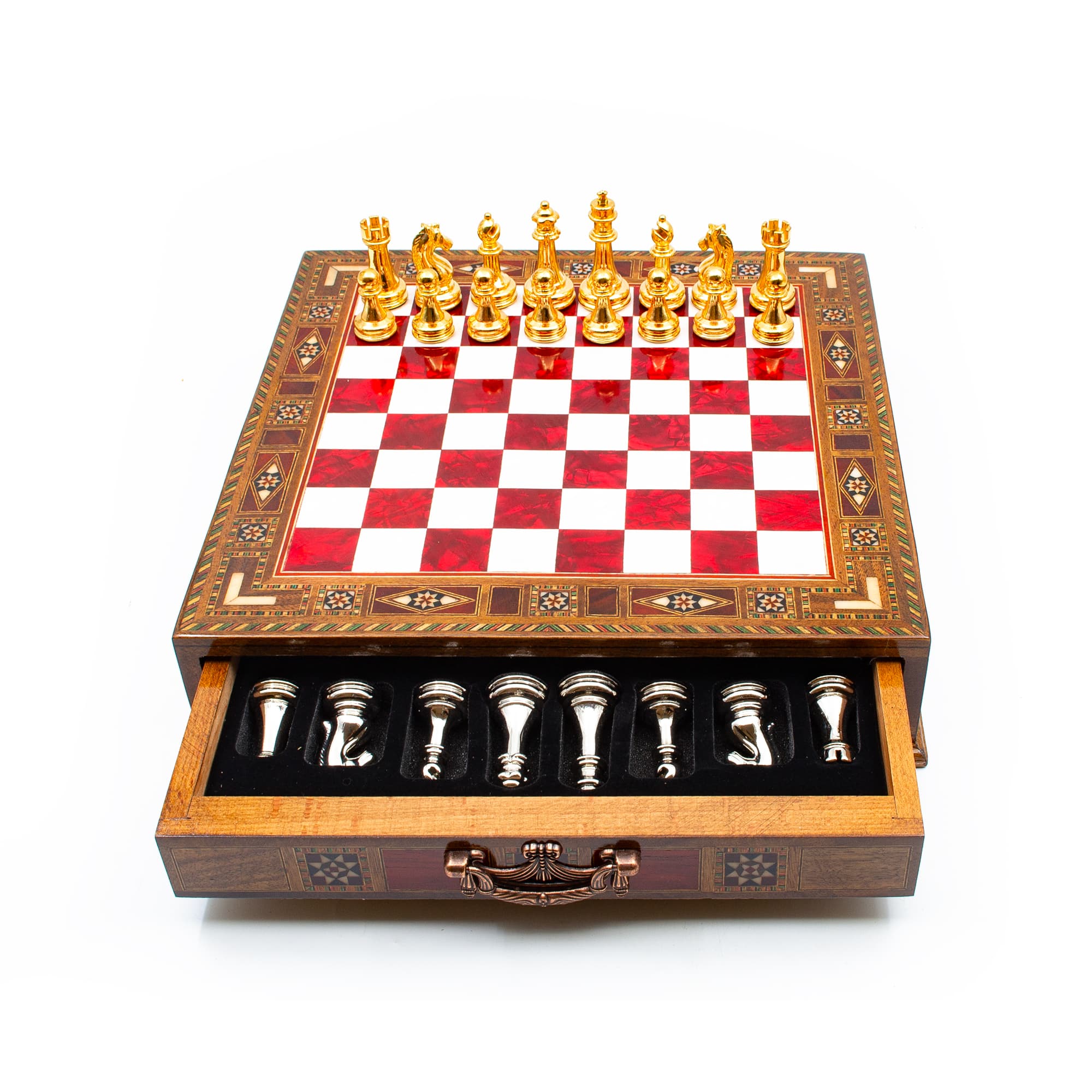 Çekmeceli Satranç Taşlarına Sahip SC38KSA - Kırmızı Tahta - 32cm - Altın-Gümüş - Görsel 2