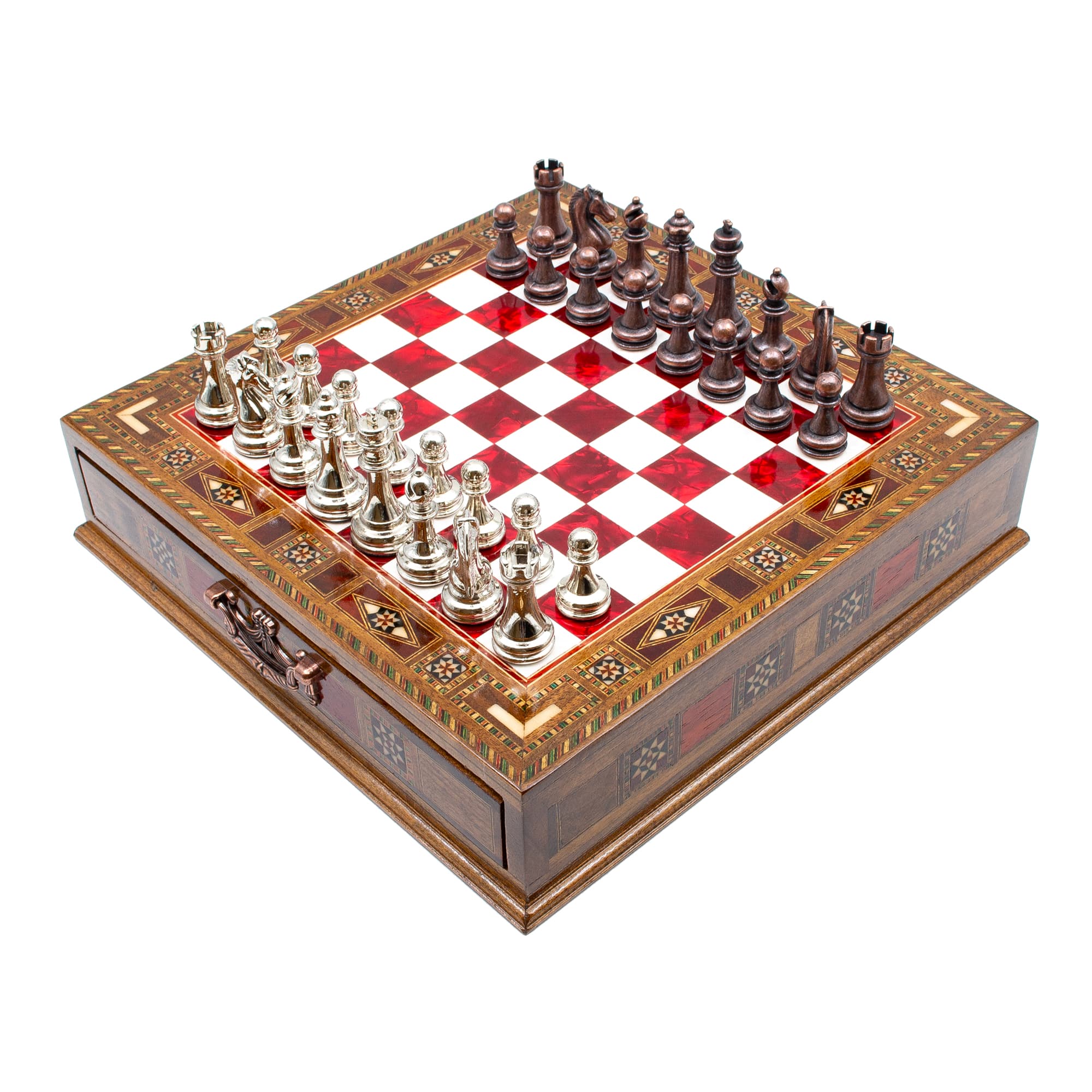Çekmeceli Satranç Taşlarına Sahip SC38KSA - Kırmızı Tahta - 32cm - Bakır-Gümüş