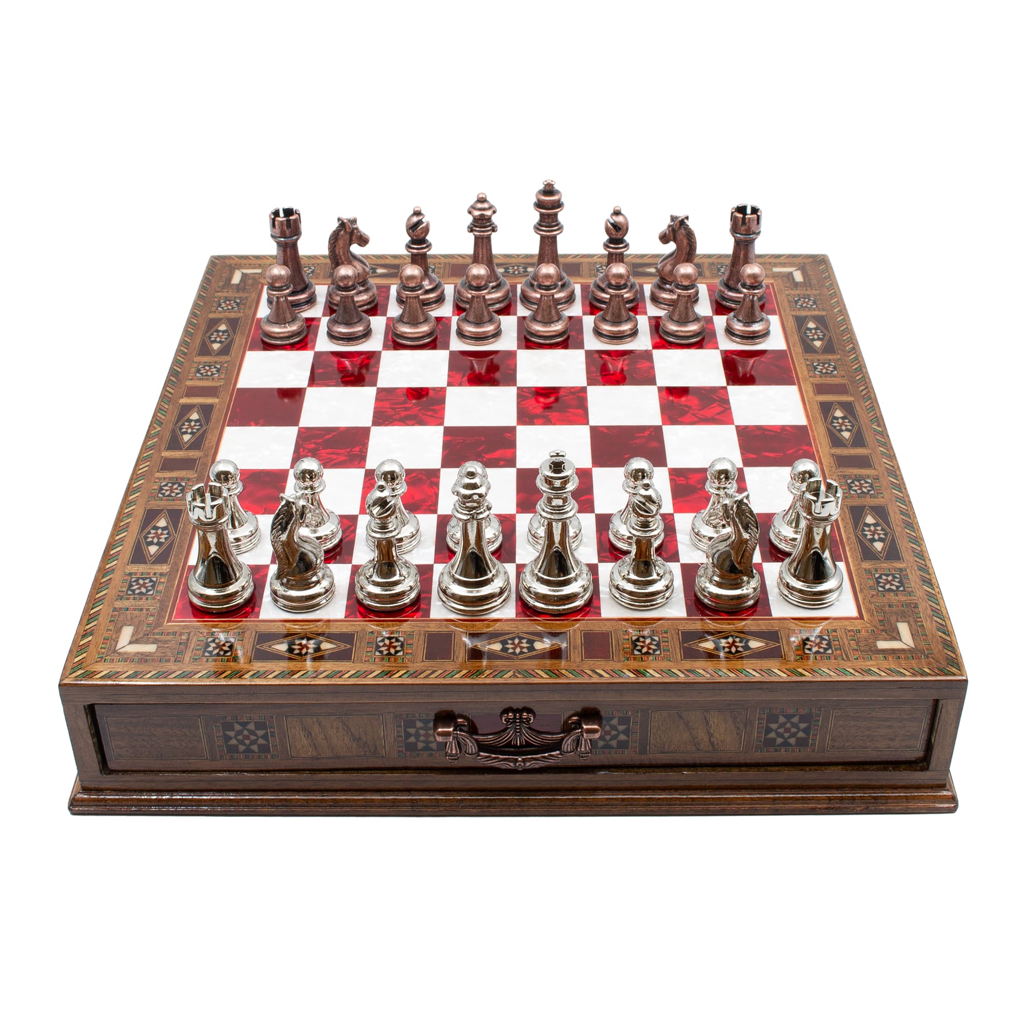 Çekmeceli Satranç Taşlarına Sahip SC38KSA - Kırmızı Tahta - 32cm - Bakır-Gümüş - Görsel 2