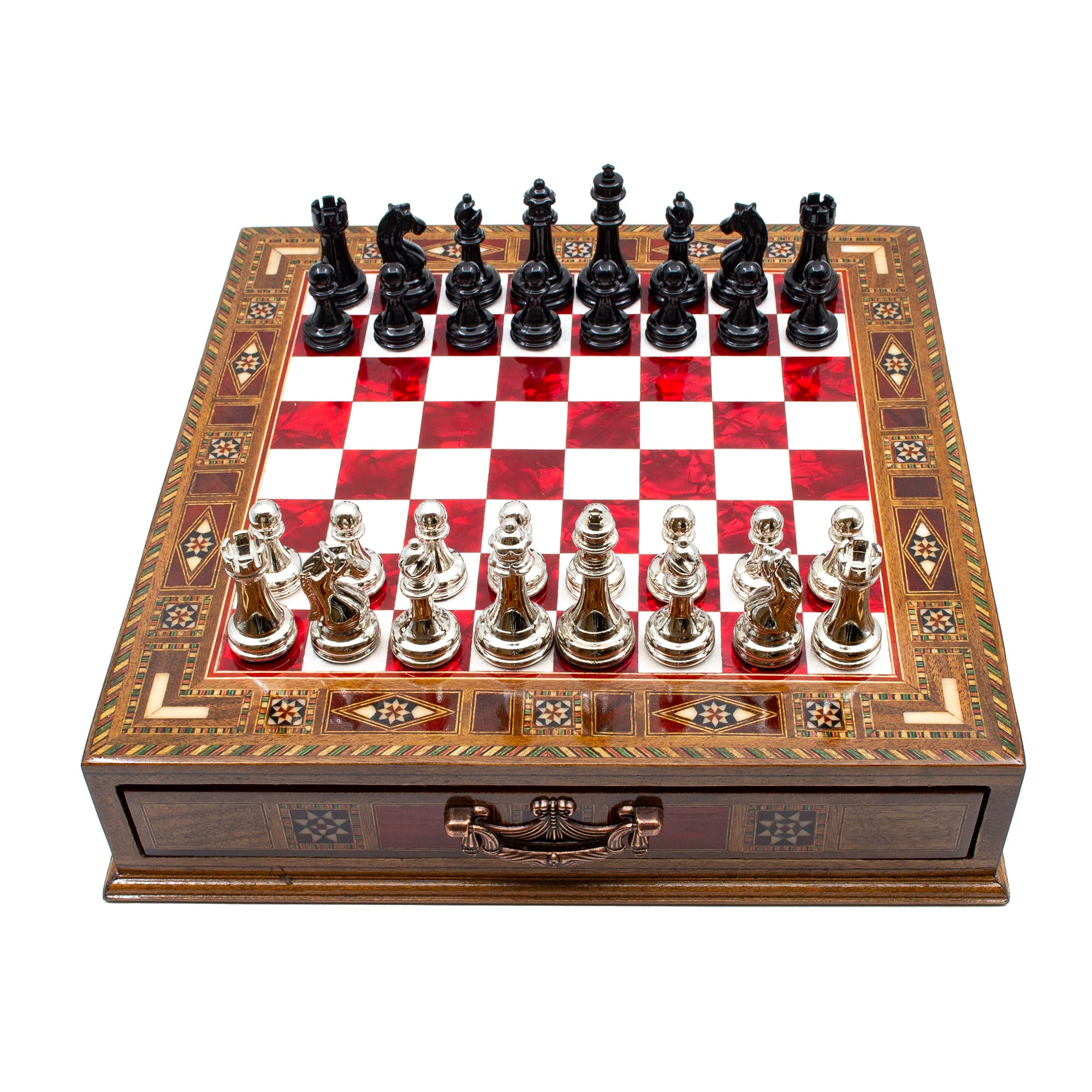 Çekmeceli Satranç Taşlarına Sahip SC38KSA - Kırmızı Tahta - 32cm - Siyah-Gümüş - Görsel 3