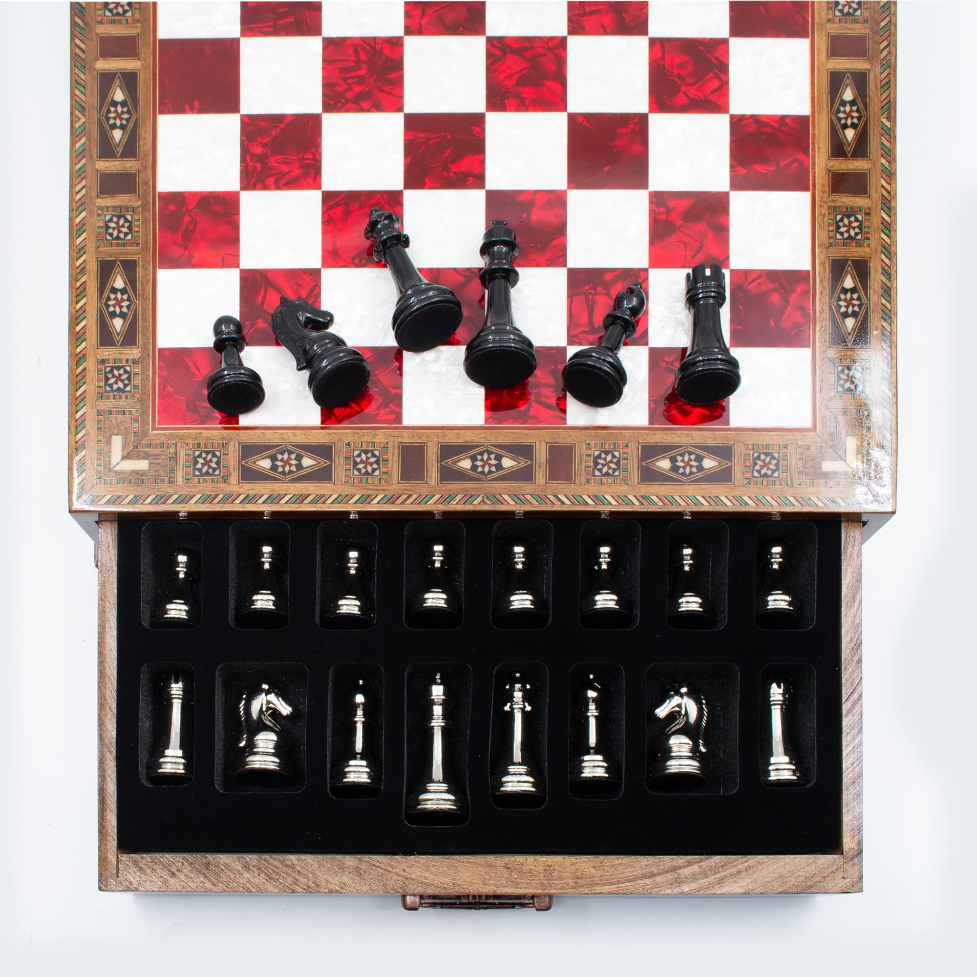 Çekmeceli Satranç Taşlarına Sahip SC38KSA - Kırmızı Tahta - 32cm - Siyah-Gümüş - Görsel 2