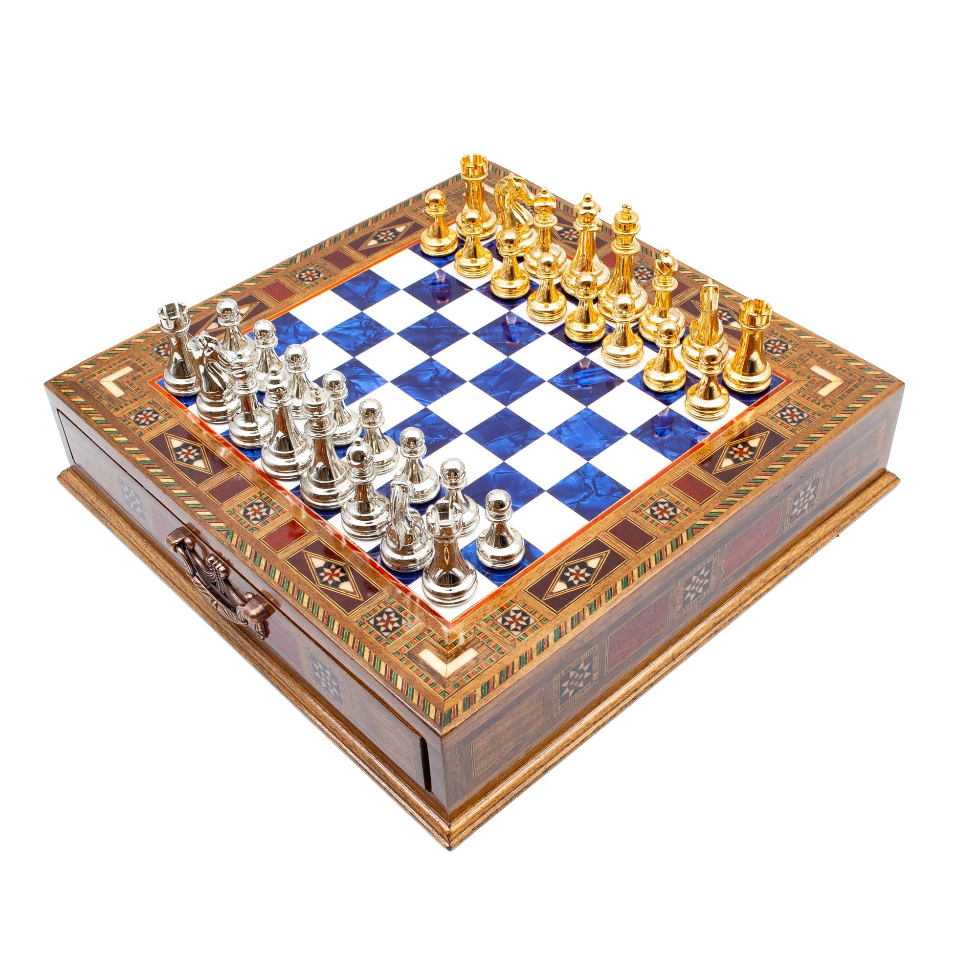 Çekmeceli Satranç Taşlarına Sahip SC38KSA - Mavi Tahta - 32cm - Altın-Gümüş