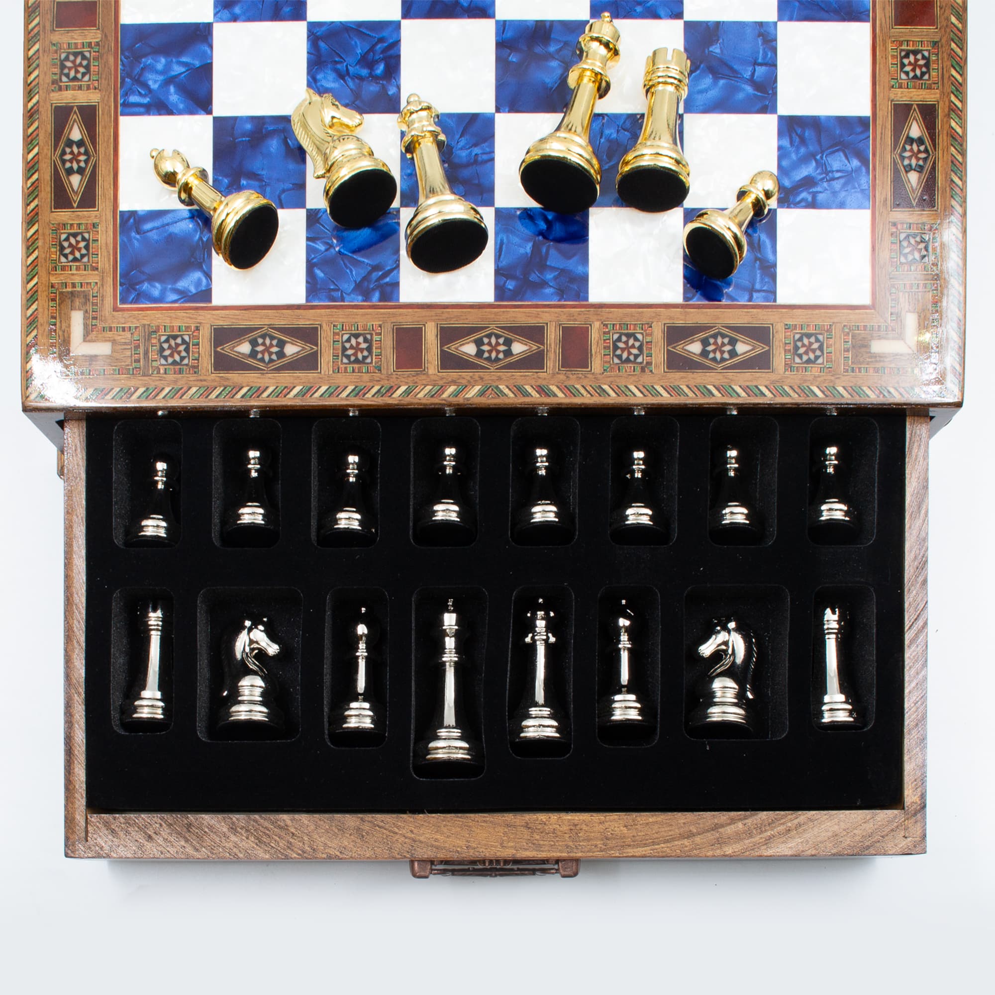 Çekmeceli Satranç Taşlarına Sahip SC38KSA - Mavi Tahta - 32cm - Altın-Gümüş - Görsel 2