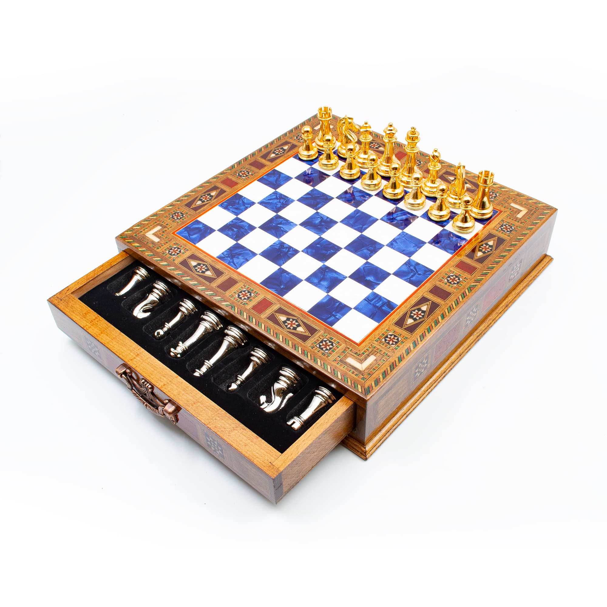 Çekmeceli Satranç Taşlarına Sahip SC38KSA - Mavi Tahta - 32cm - Altın-Gümüş - Görsel 3