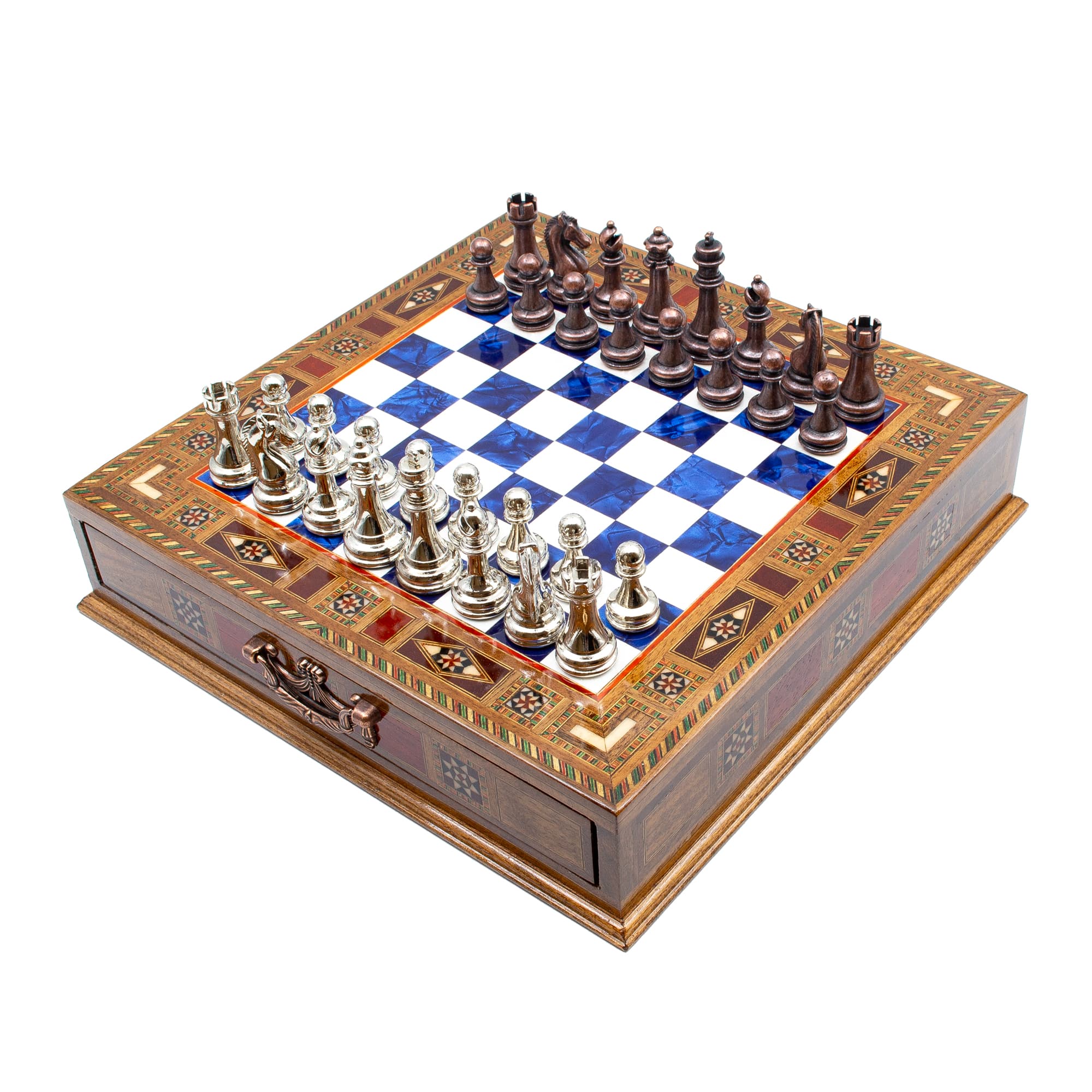 Çekmeceli Satranç Taşlarına Sahip SC38KSA - Mavi Tahta - 38cm - Bakır-Gümüş