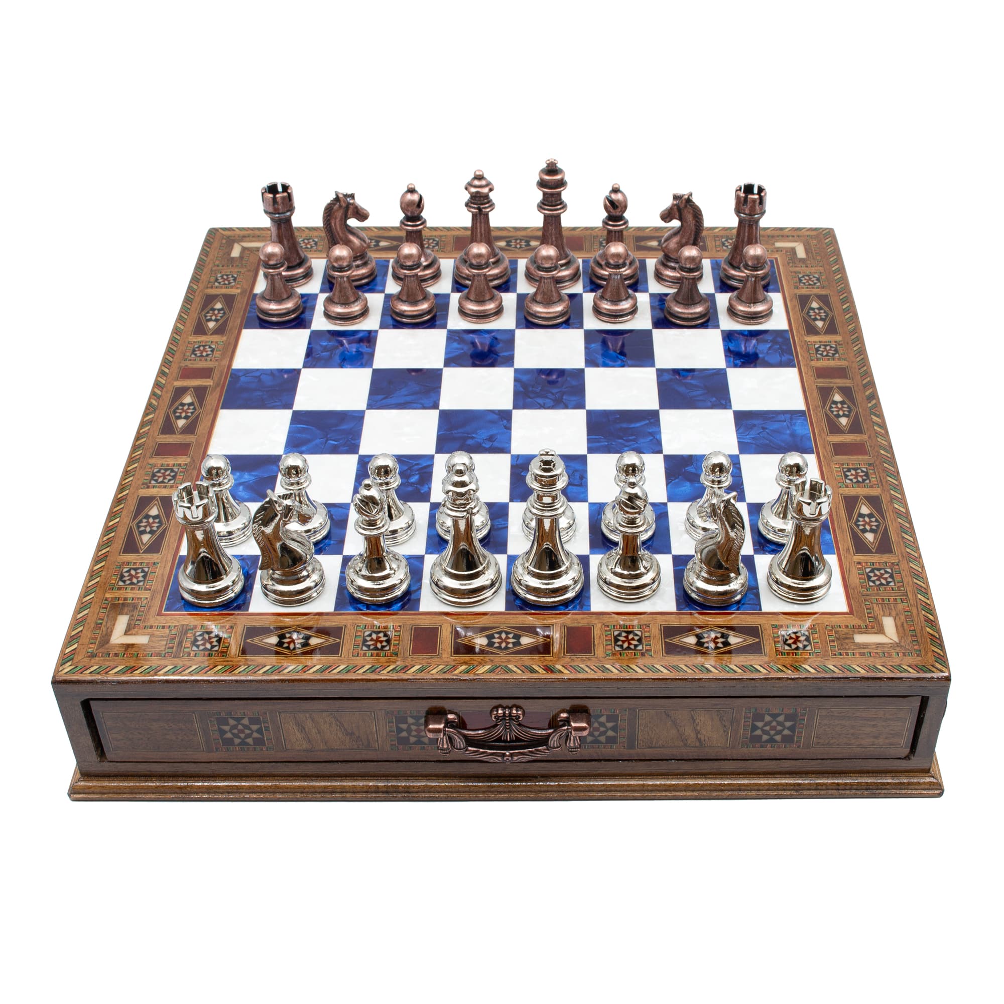 Çekmeceli Satranç Taşlarına Sahip SC38KSA - Mavi Tahta - 38cm - Bakır-Gümüş - Görsel 2